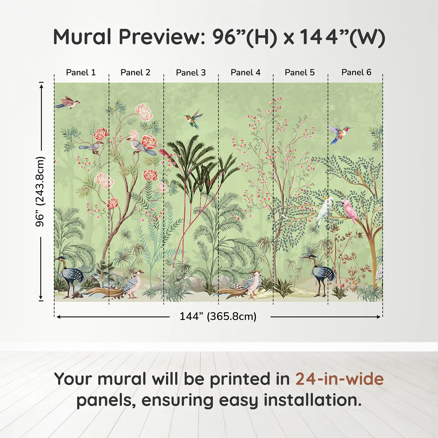 Whimsy Tots Chinoiserie Garden Wall Mural in Greendimension view (96" H x 144" W). Printed in six 24-inch-wide panels. Gender-Neutral