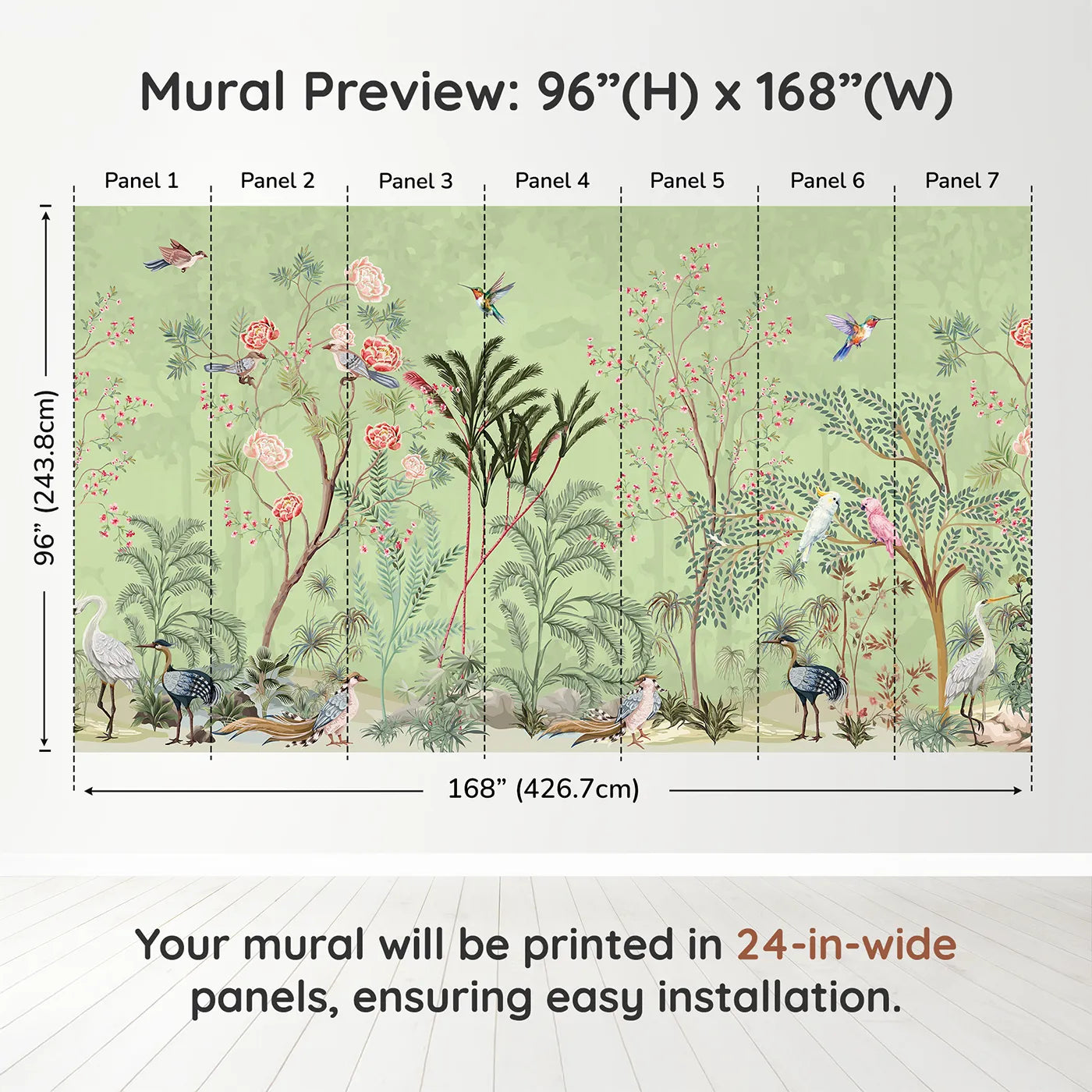 Whimsy Tots Chinoiserie Garden Wall Mural in Greendimension view (96" H x 168" W). Printed in seven 24-inch-wide panels. Gender-Neutral