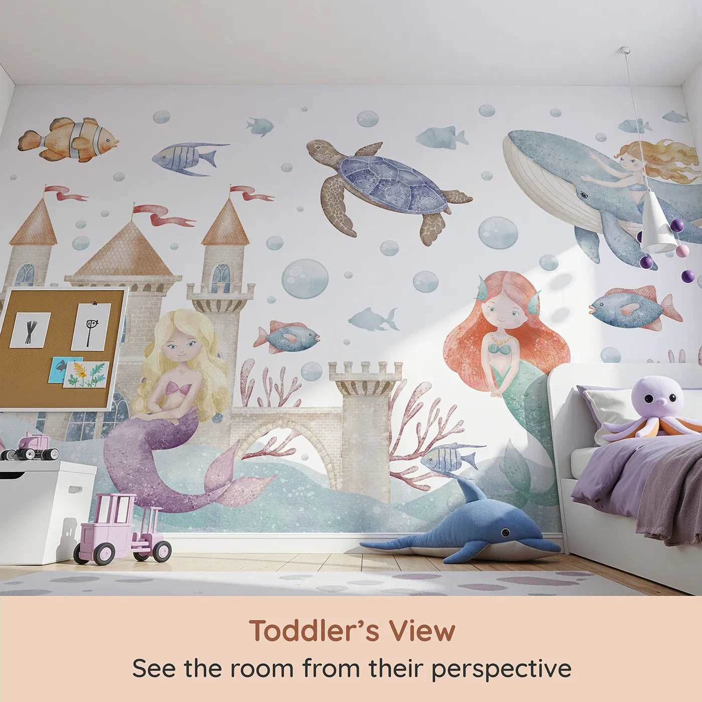 Whimsy Tots Mermaid Kingdom Wall Mural (Turn Their Room into a Magical, Underwater Fairytale) from your child's view.Best for Girls