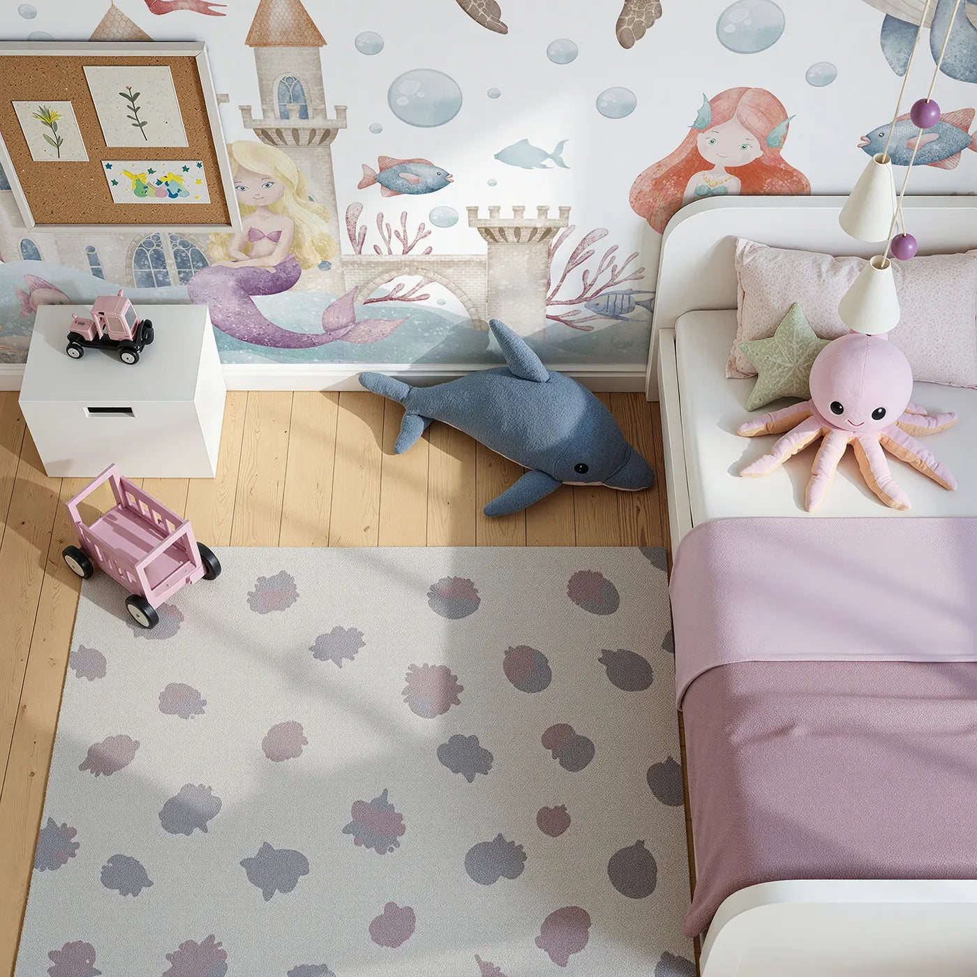 Top-down view of Whimsy Tots' Mermaid Kingdom Wall Mural (Turn Their Room into a Magical, Underwater Fairytale).Best for Girls