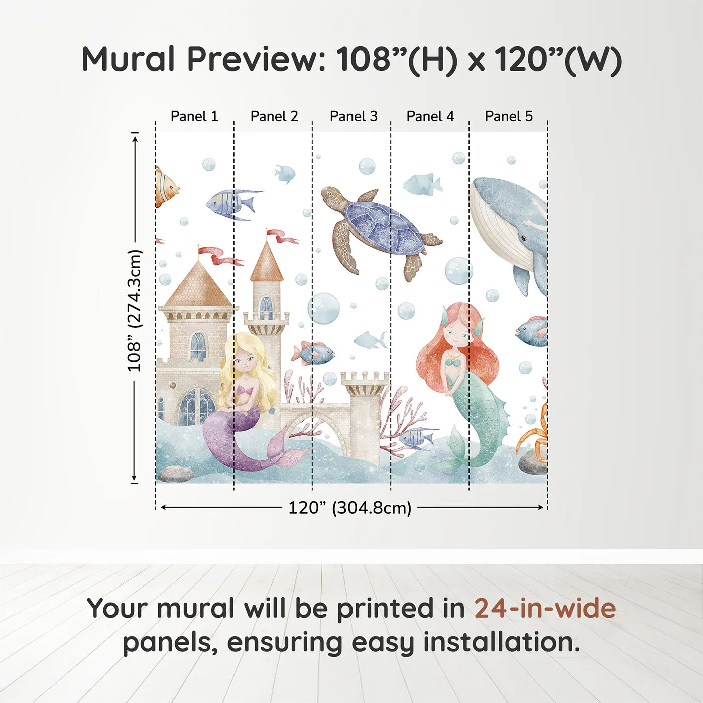 Whimsy Tots Mermaid Kingdom Wall Muraldimension view (108" H x 120" W). Printed in five 24-inch-wide panels. Best for Girls