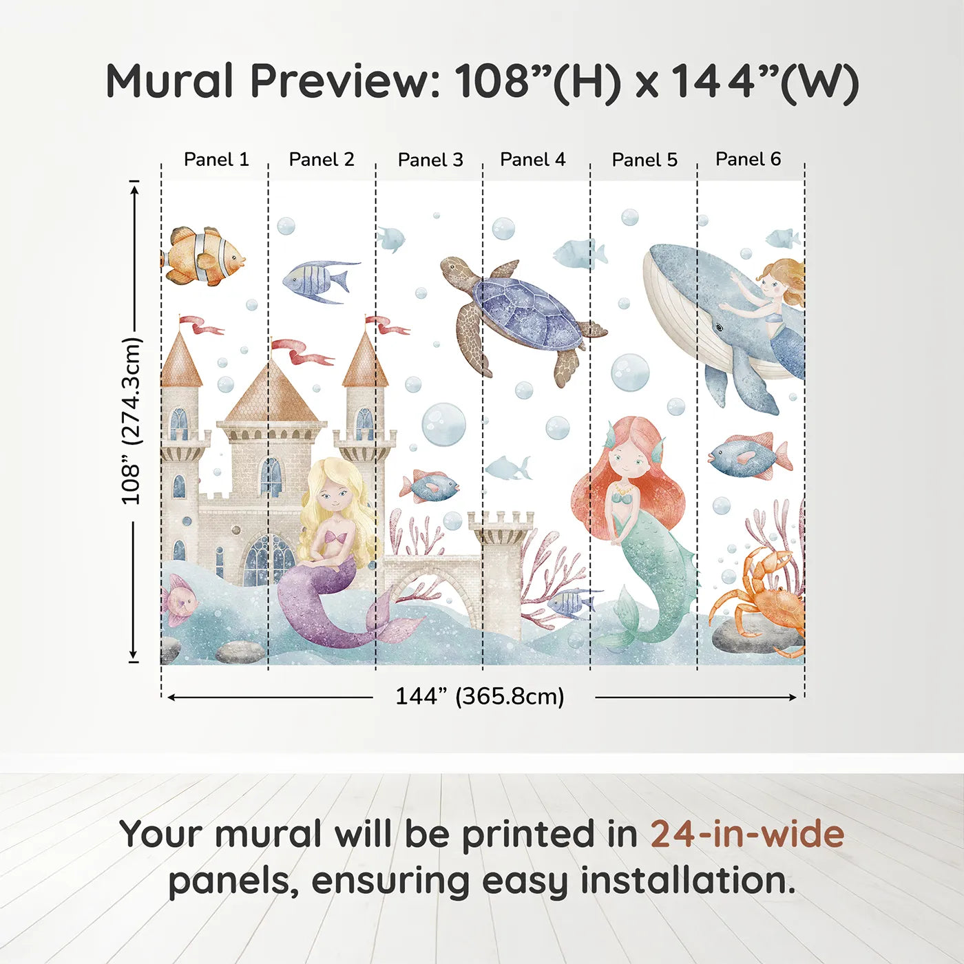 Whimsy Tots Mermaid Kingdom Wall Muraldimension view (108" H x 144" W). Printed in six 24-inch-wide panels. Best for Girls