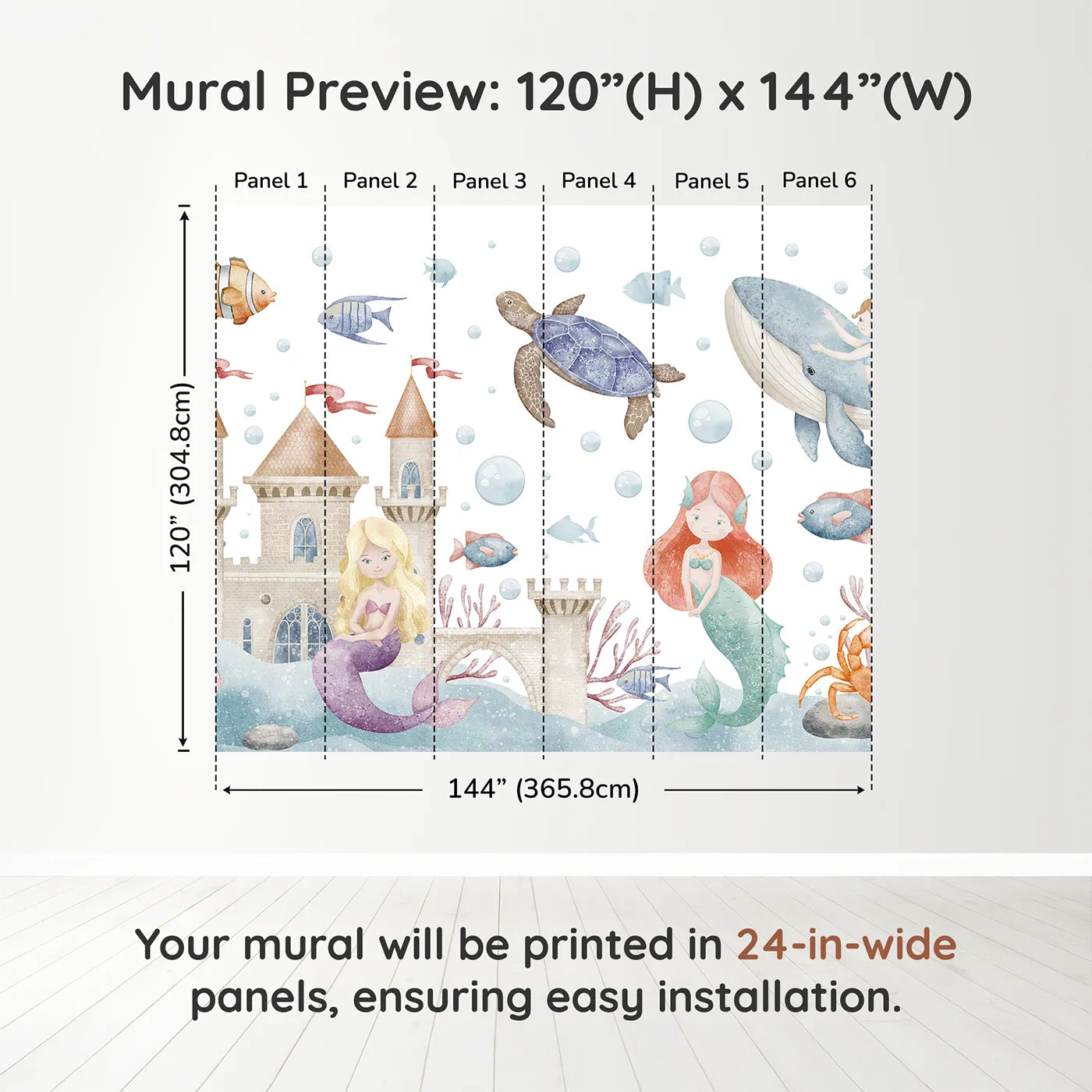 Whimsy Tots Mermaid Kingdom Wall Muraldimension view (120" H x 144" W). Printed in six 24-inch-wide panels. Best for Girls
