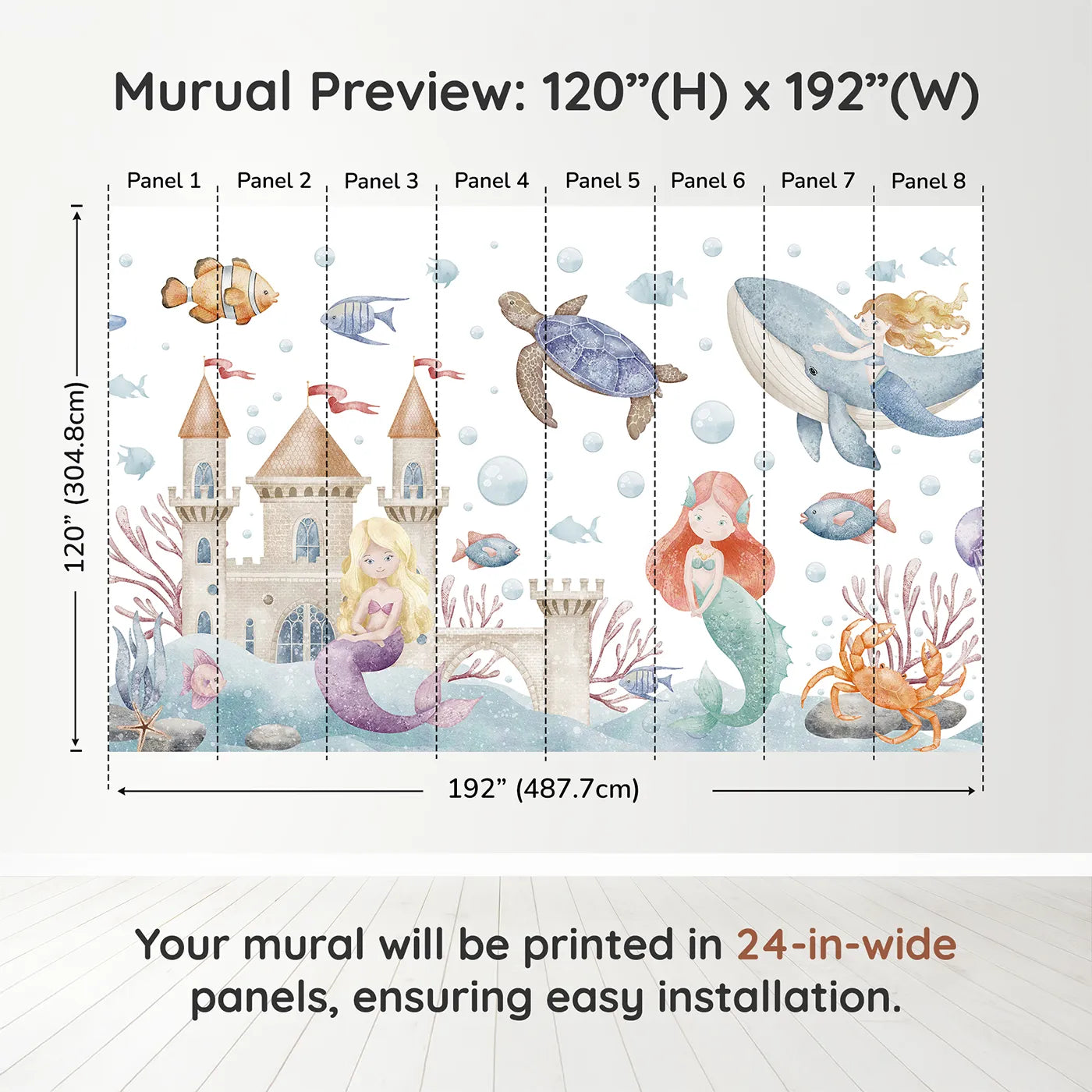 Whimsy Tots Mermaid Kingdom Wall Muraldimension view (120" H x 192" W). Printed in eight 24-inch-wide panels. Best for Girls