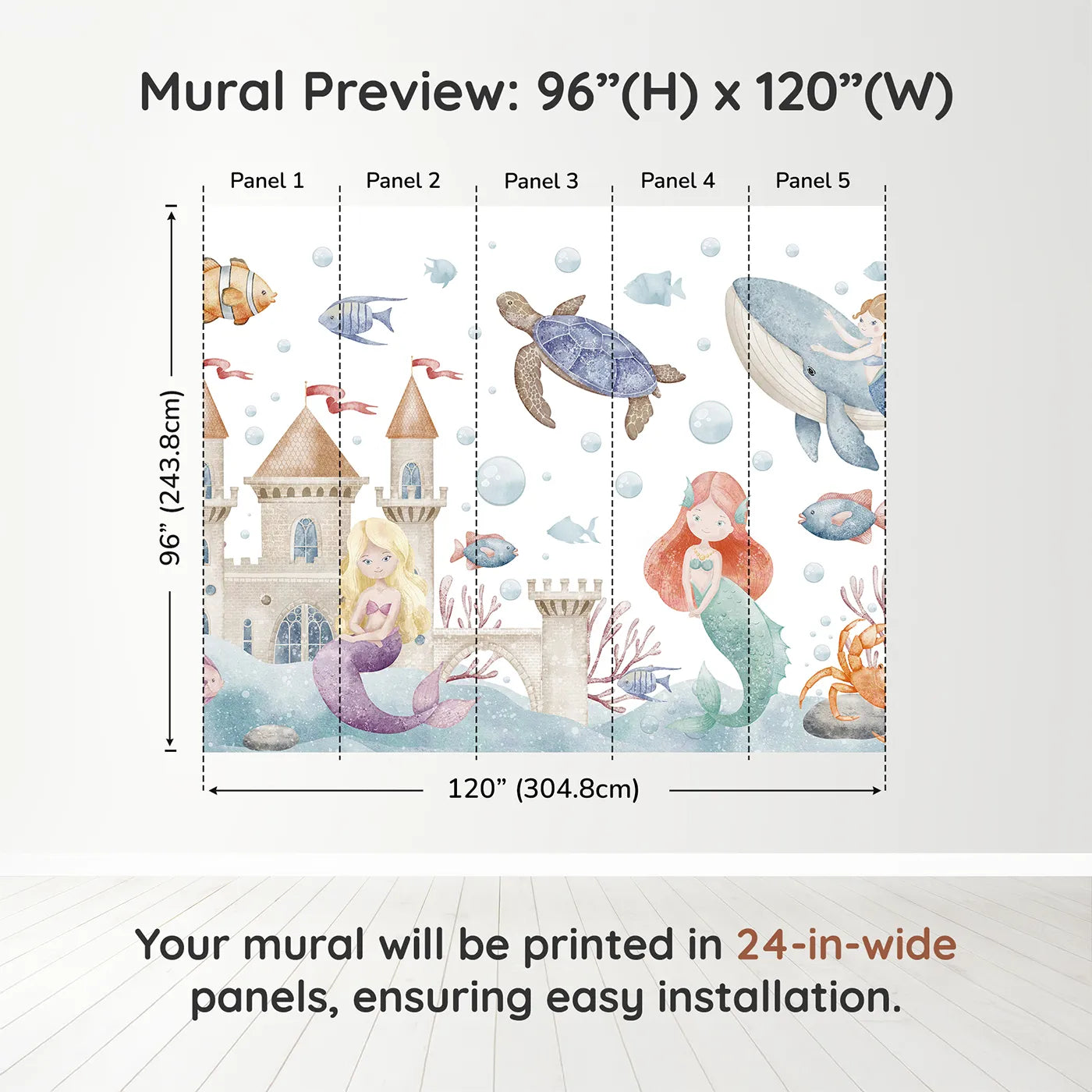 Whimsy Tots Mermaid Kingdom Wall Muraldimension view (96" H x 120" W). Printed in five 24-inch-wide panels. Best for Girls