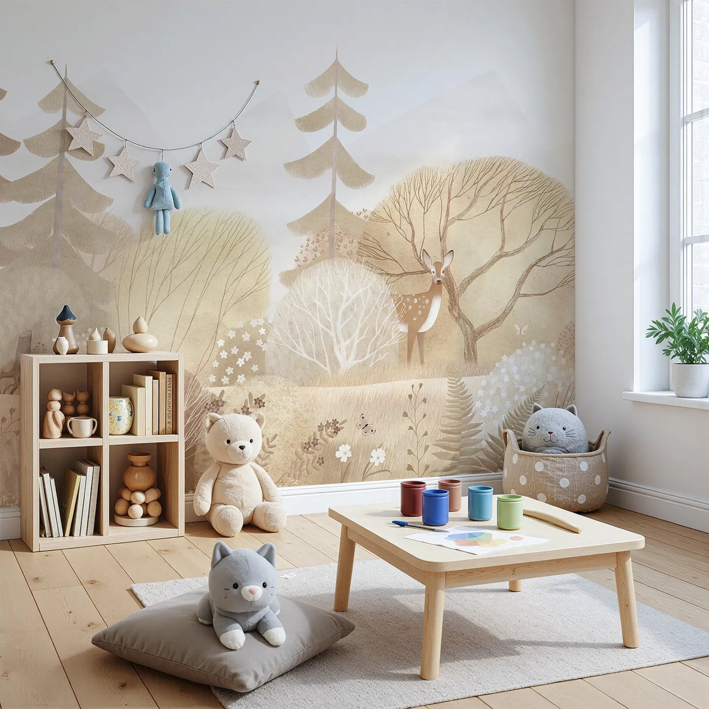 Angled view of Whimsy Tots' Sepia Woodland Wall Mural (Turn Their Room into a Gentle, Sun-Drenched Forest Clearing).Gender-Neutral