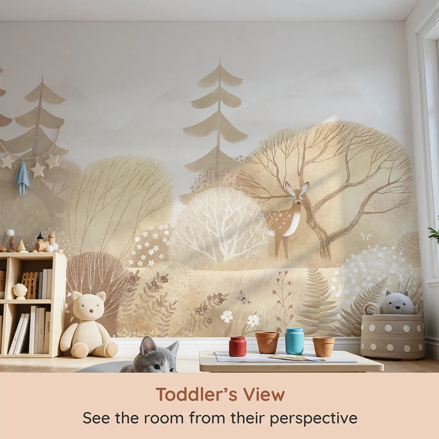 Whimsy Tots Sepia Woodland Wall Mural (Turn Their Room into a Gentle, Sun-Drenched Forest Clearing) from your child's view.Gender-Neutral