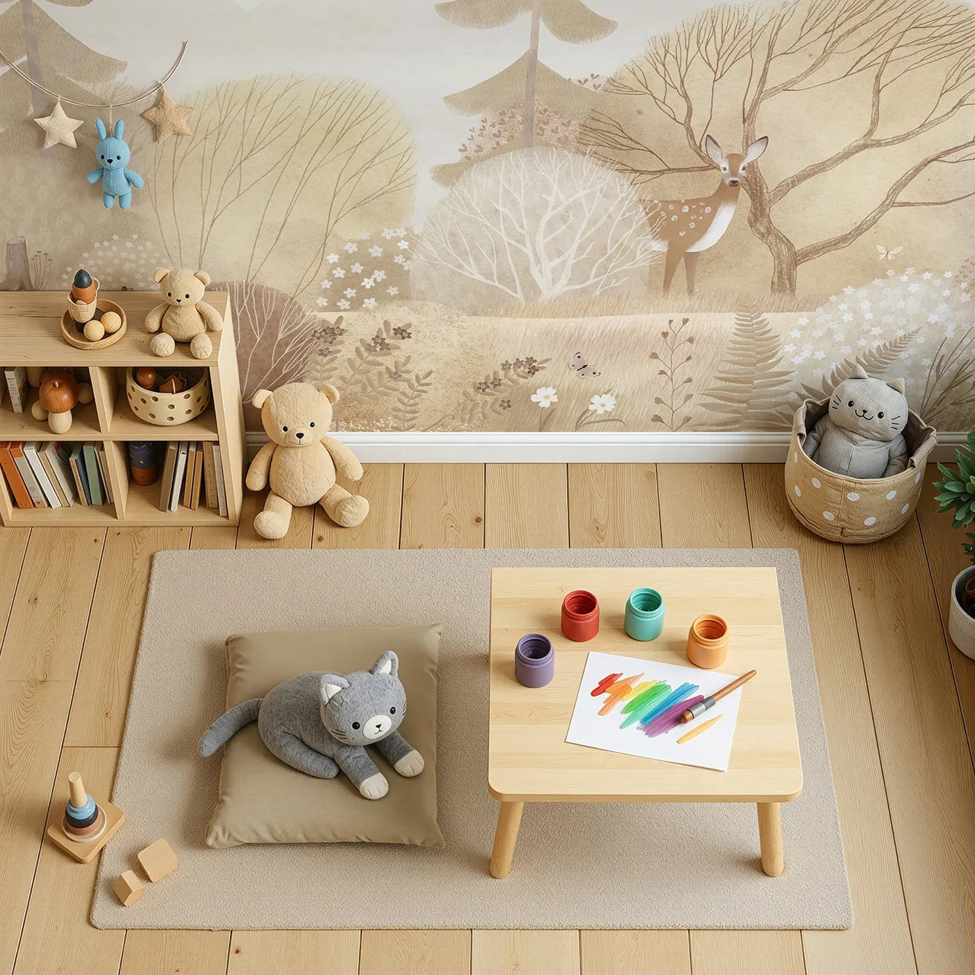 Top-down view of Whimsy Tots' Sepia Woodland Wall Mural (Turn Their Room into a Gentle, Sun-Drenched Forest Clearing).Gender-Neutral