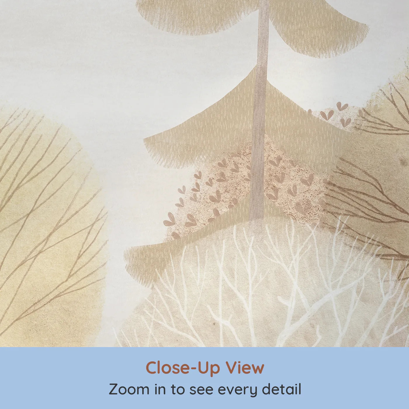 Close-up view of Whimsy Tots' Sepia Woodland Wall Mural (Turn Their Room into a Gentle, Sun-Drenched Forest Clearing).Gender-Neutral