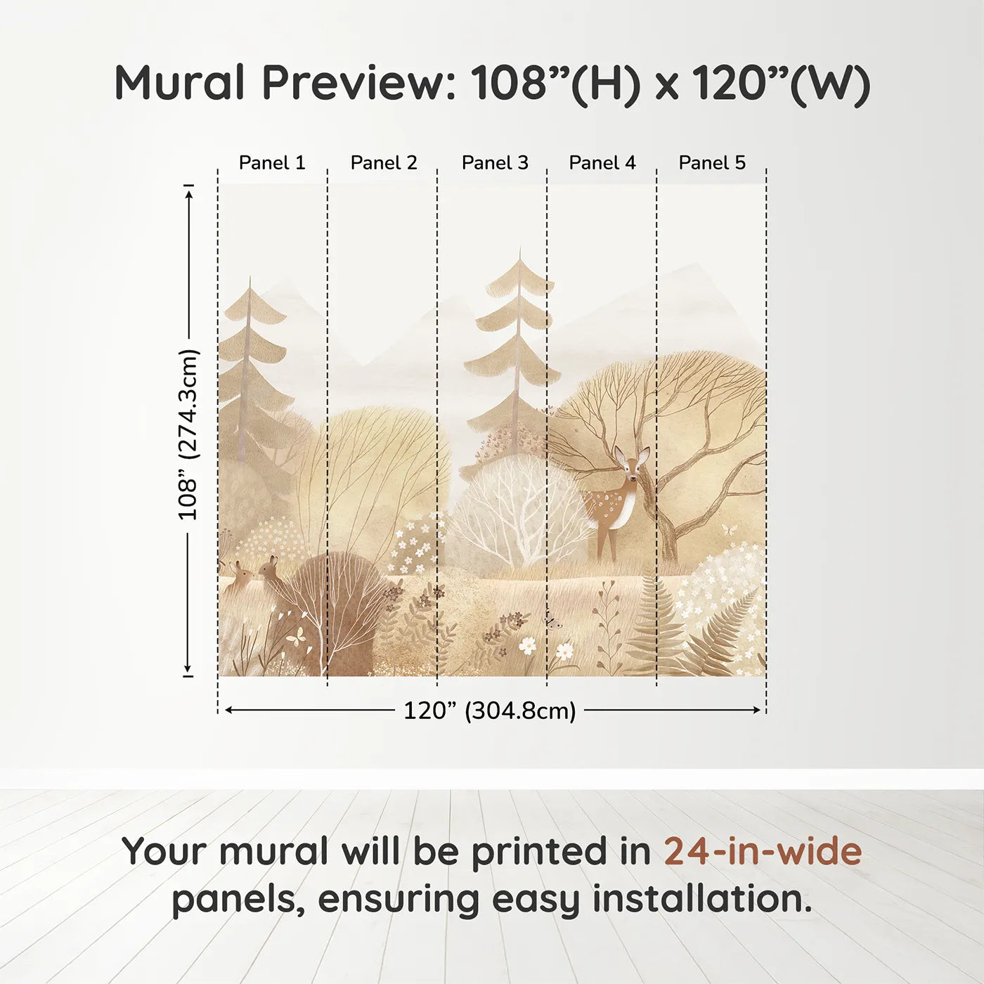 Whimsy Tots Sepia Woodland Wall Muraldimension view (108" H x 120" W). Printed in five 24-inch-wide panels. Gender-Neutral