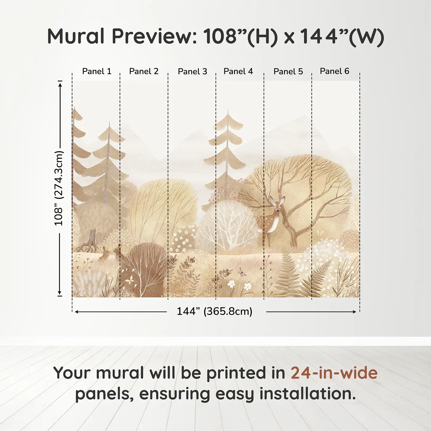Whimsy Tots Sepia Woodland Wall Muraldimension view (108" H x 144" W). Printed in six 24-inch-wide panels. Gender-Neutral