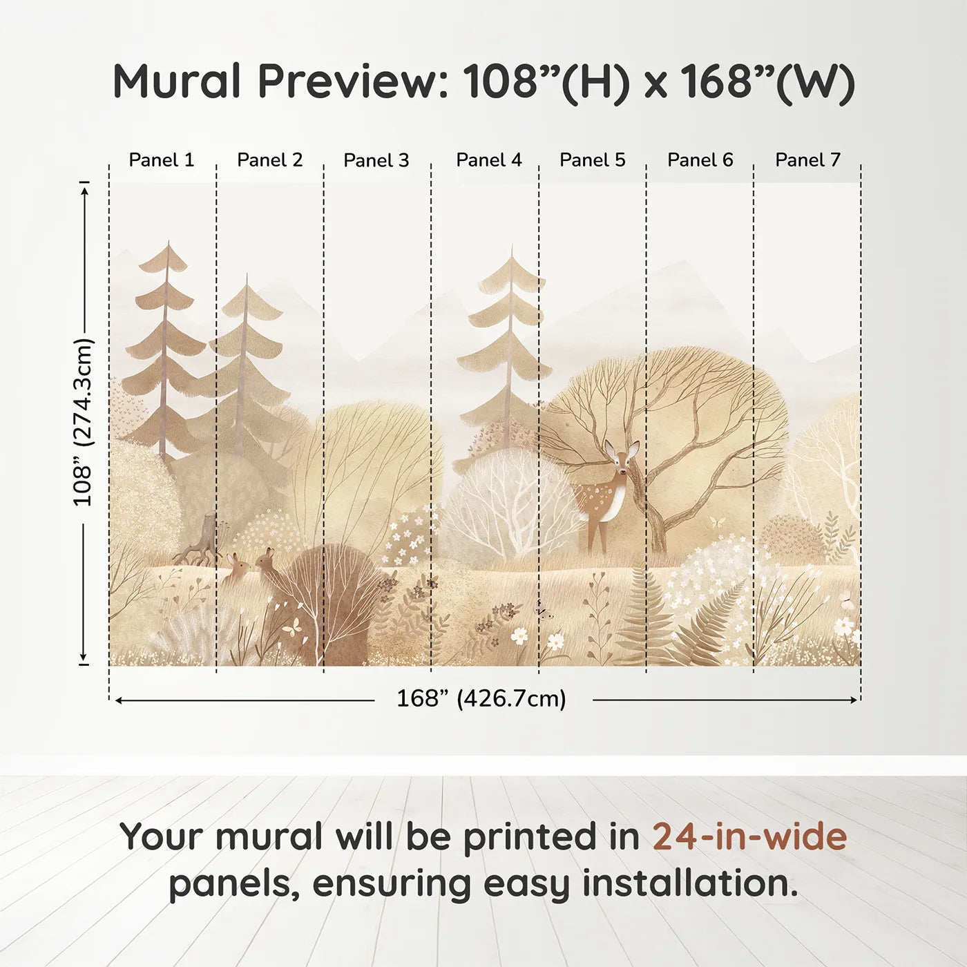 Whimsy Tots Sepia Woodland Wall Muraldimension view (108" H x 168" W). Printed in seven 24-inch-wide panels. Gender-Neutral