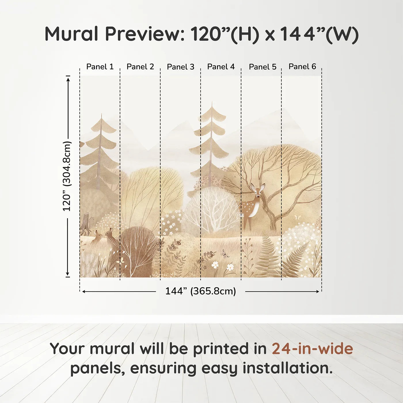 Whimsy Tots Sepia Woodland Wall Muraldimension view (120" H x 144" W). Printed in six 24-inch-wide panels. Gender-Neutral