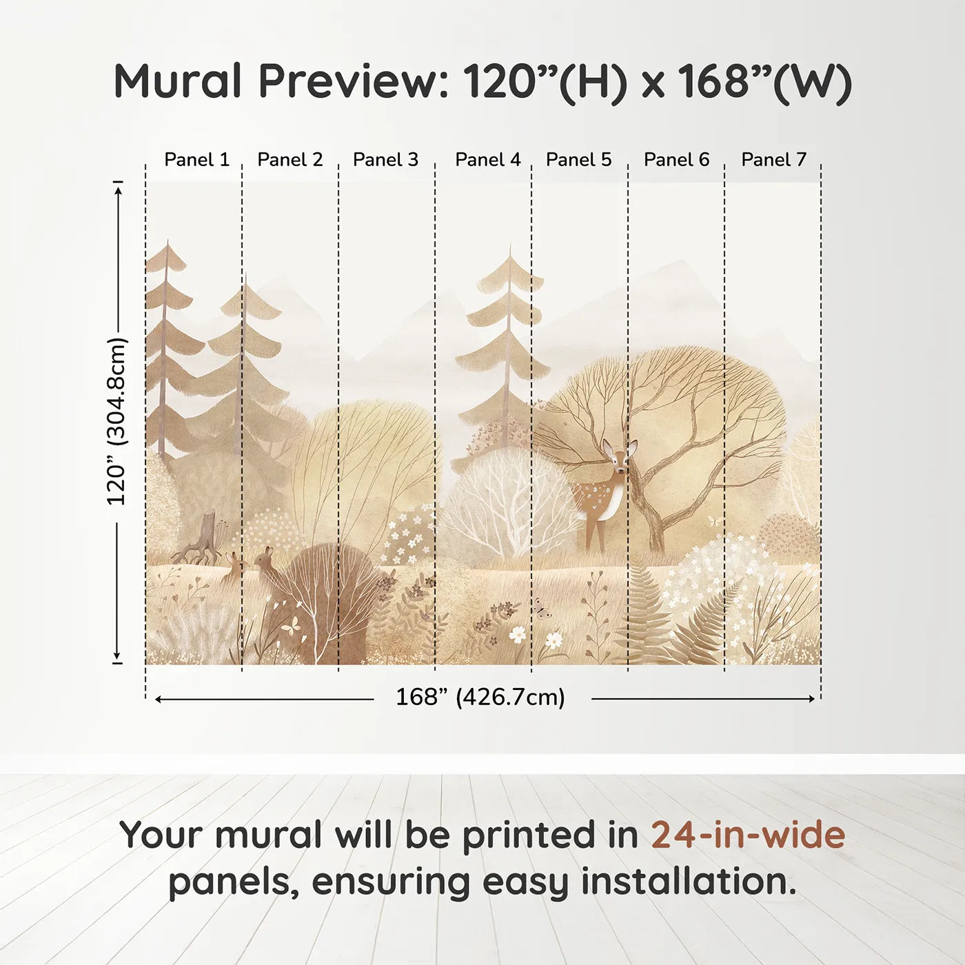 Whimsy Tots Sepia Woodland Wall Muraldimension view (120" H x 168" W). Printed in seven 24-inch-wide panels. Gender-Neutral