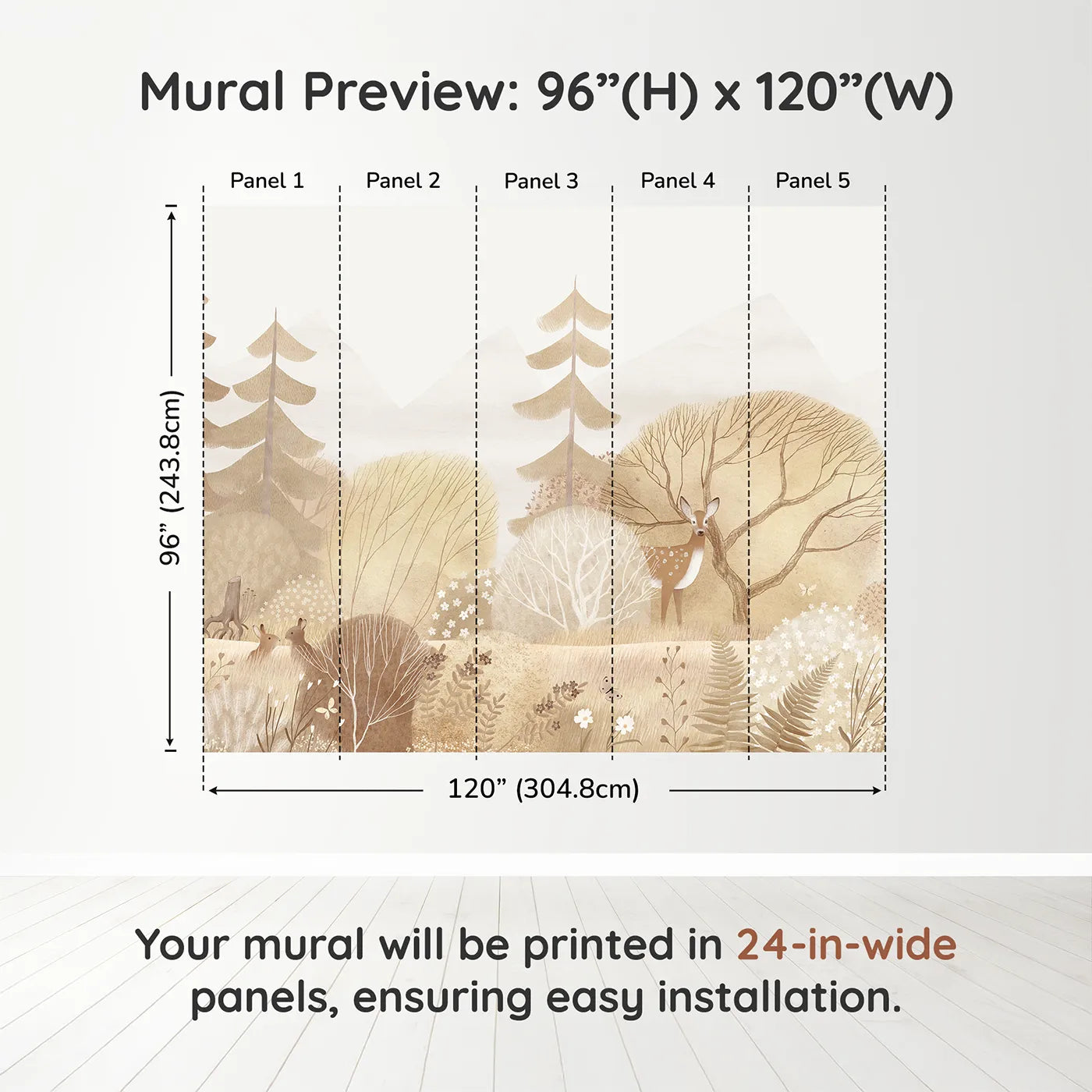 Whimsy Tots Sepia Woodland Wall Muraldimension view (96" H x 120" W). Printed in five 24-inch-wide panels. Gender-Neutral