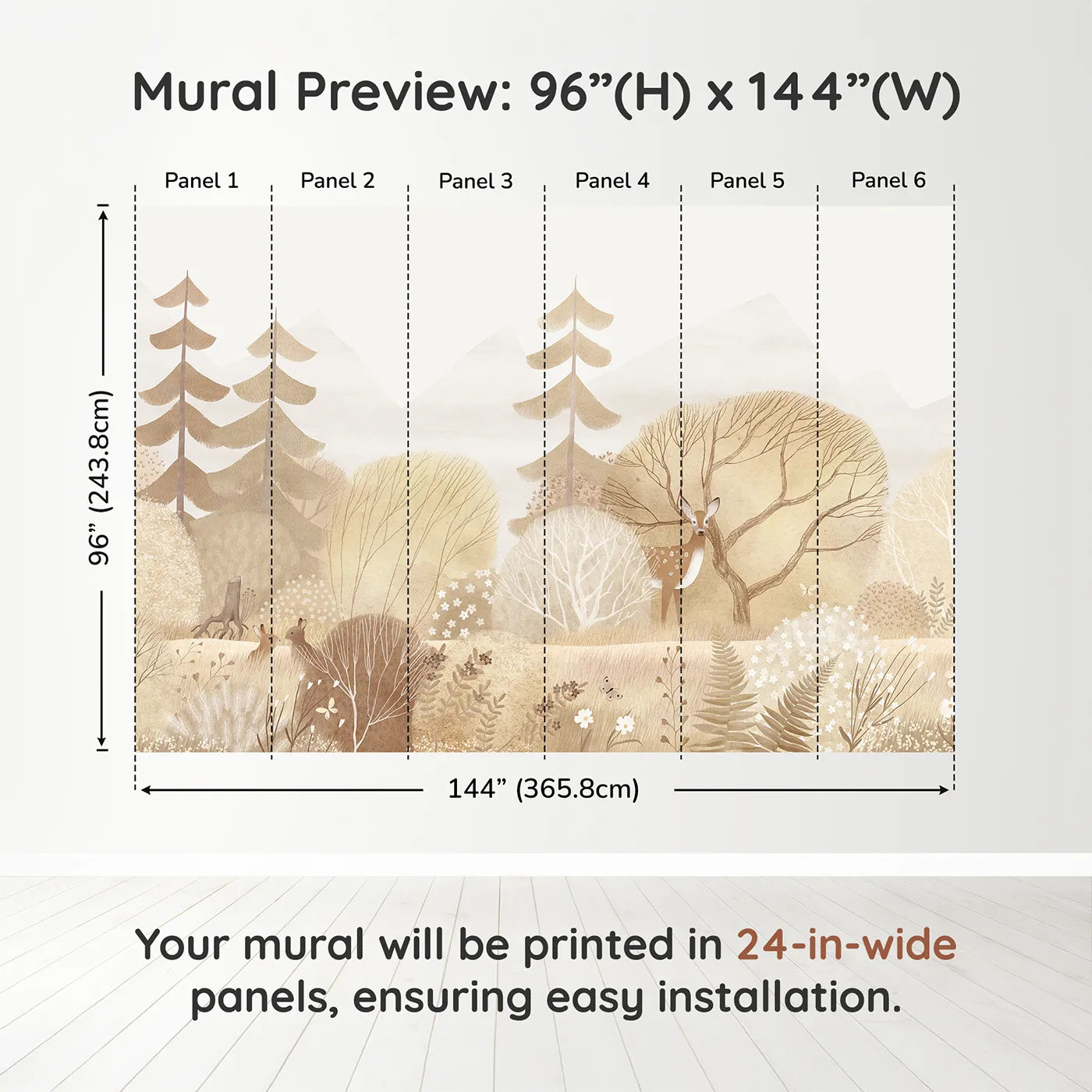 Whimsy Tots Sepia Woodland Wall Muraldimension view (96" H x 144" W). Printed in six 24-inch-wide panels. Gender-Neutral