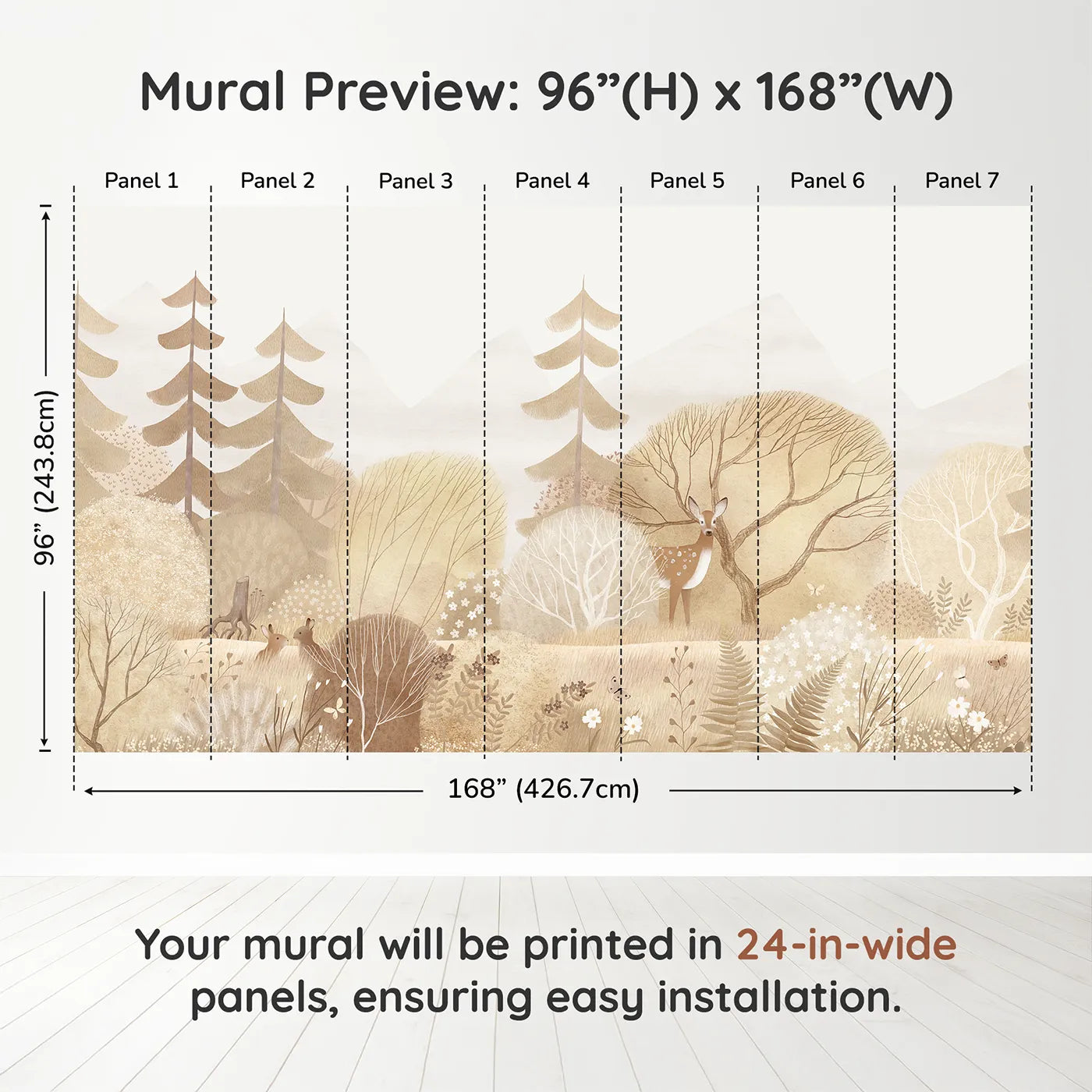 Whimsy Tots Sepia Woodland Wall Muraldimension view (96" H x 168" W). Printed in seven 24-inch-wide panels. Gender-Neutral