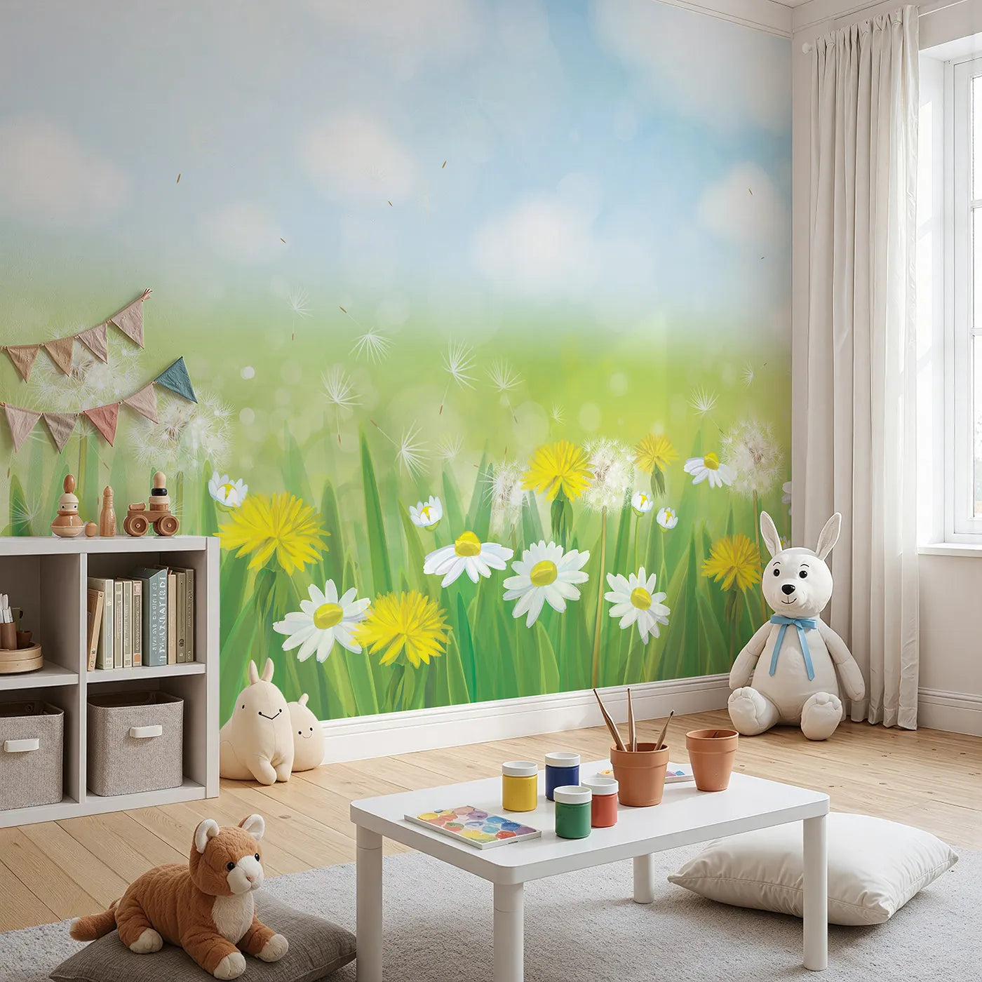 Angled view of Whimsy Tots' Dandelion Meadow Wall Mural in Summer (Turn Their Room into a Field of Endless Sunshine).Gender-Neutral