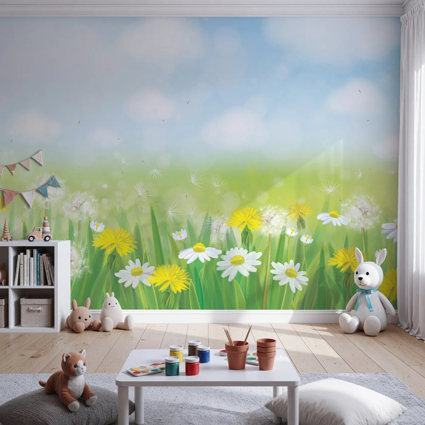 Front view of Whimsy Tots' Dandelion Meadow Wall Mural in Summer