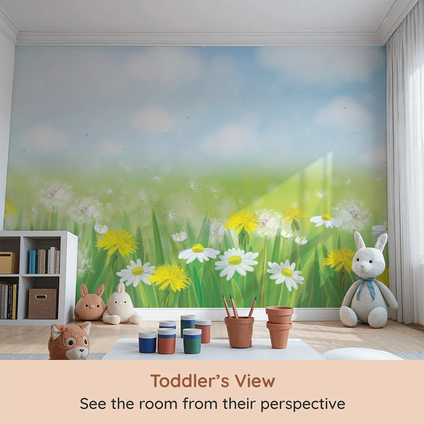 Whimsy Tots Dandelion Meadow Wall Mural in Summer (Turn Their Room into a Field of Endless Sunshine) from your child's view.Gender-Neutral