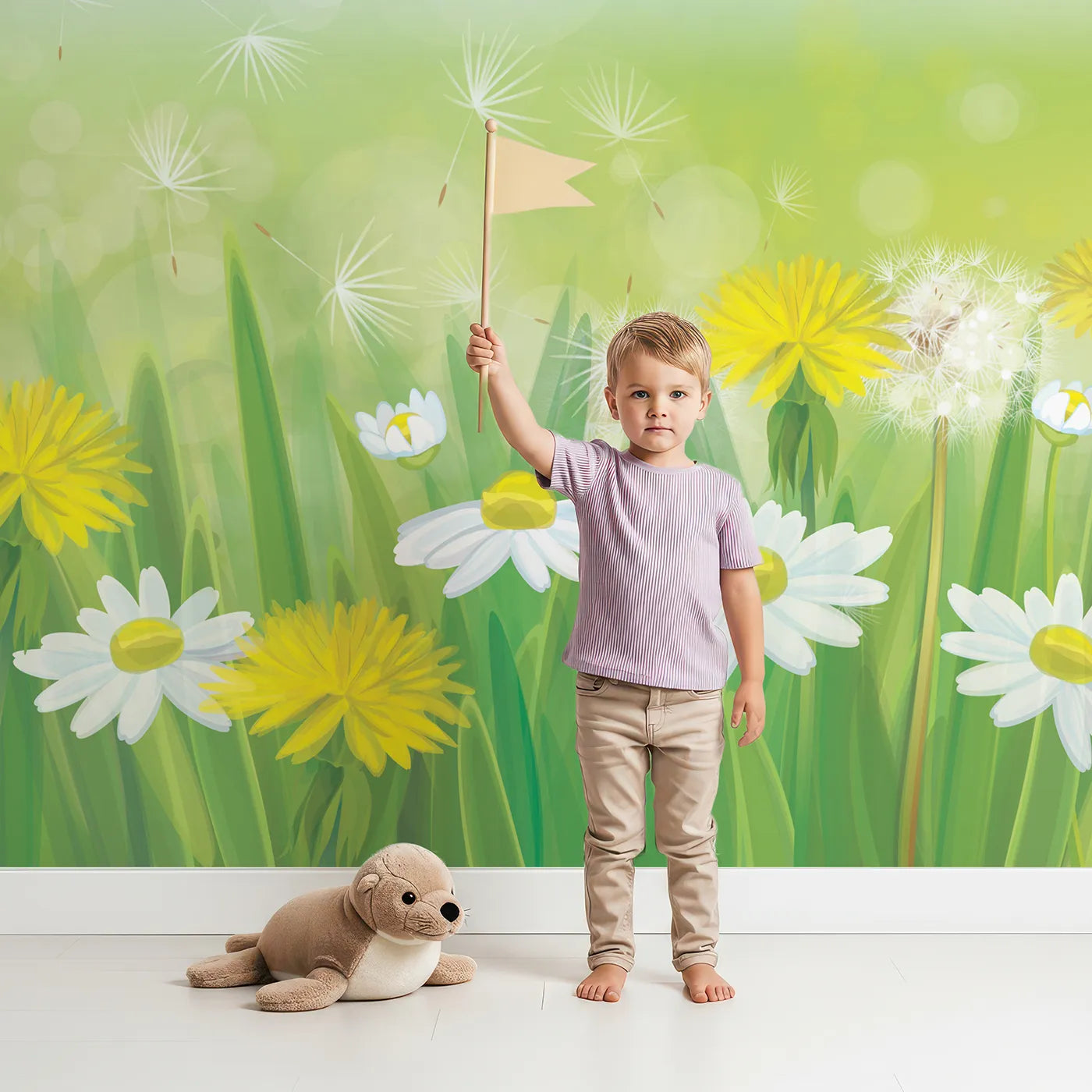 Child in front of Whimsy Tots Dandelion Meadow Wall Mural in Summer with dandelion, daisy, flower, meadow, summer, sun, green, blue in design.