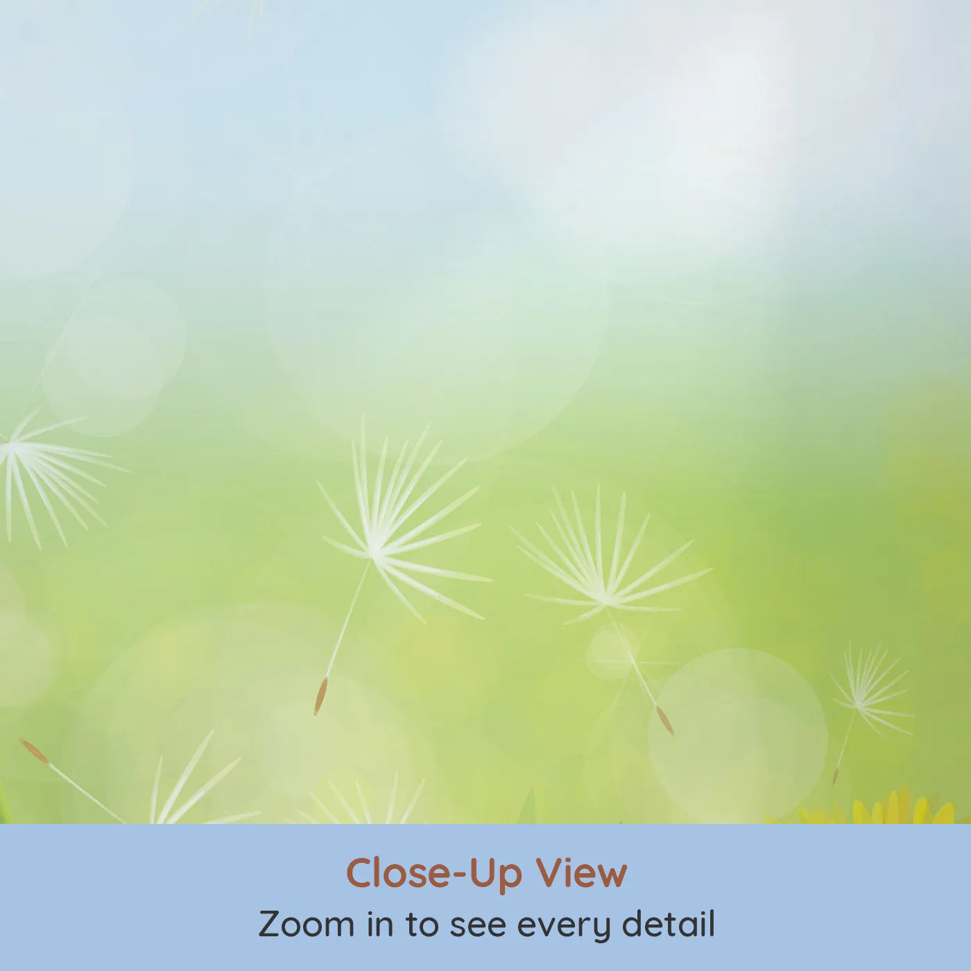 Close-up view of Whimsy Tots' Dandelion Meadow Wall Mural in Summer (Turn Their Room into a Field of Endless Sunshine).Gender-Neutral