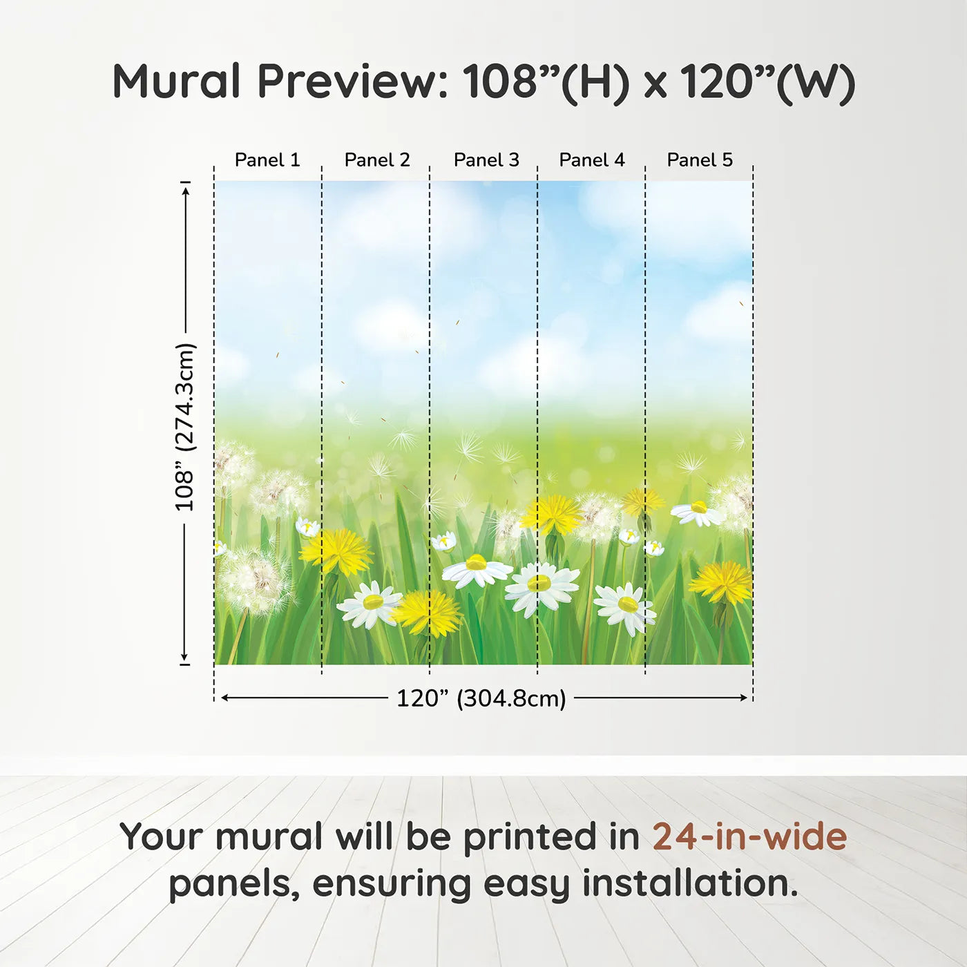 Whimsy Tots Dandelion Meadow Wall Mural in Summerdimension view (108" H x 120" W). Printed in five 24-inch-wide panels. Gender-Neutral