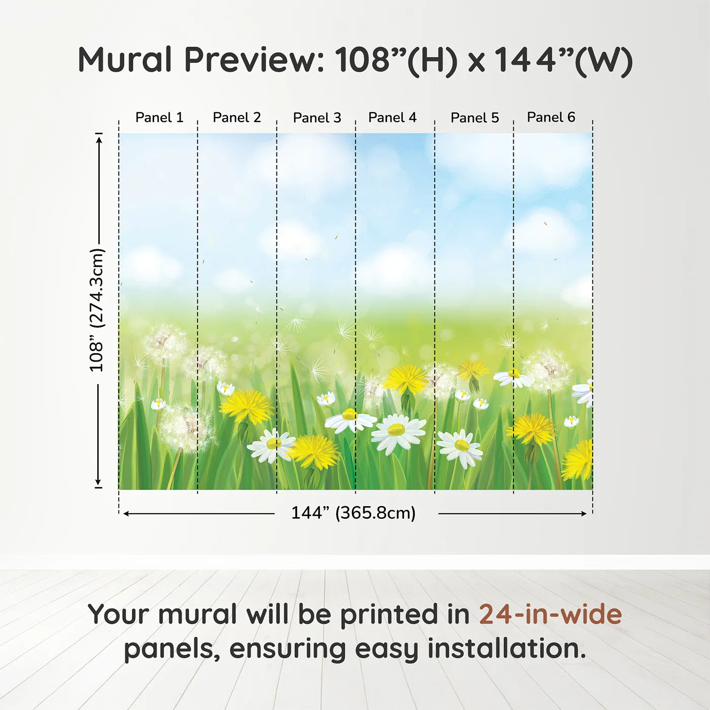 Whimsy Tots Dandelion Meadow Wall Mural in Summerdimension view (108" H x 144" W). Printed in six 24-inch-wide panels. Gender-Neutral