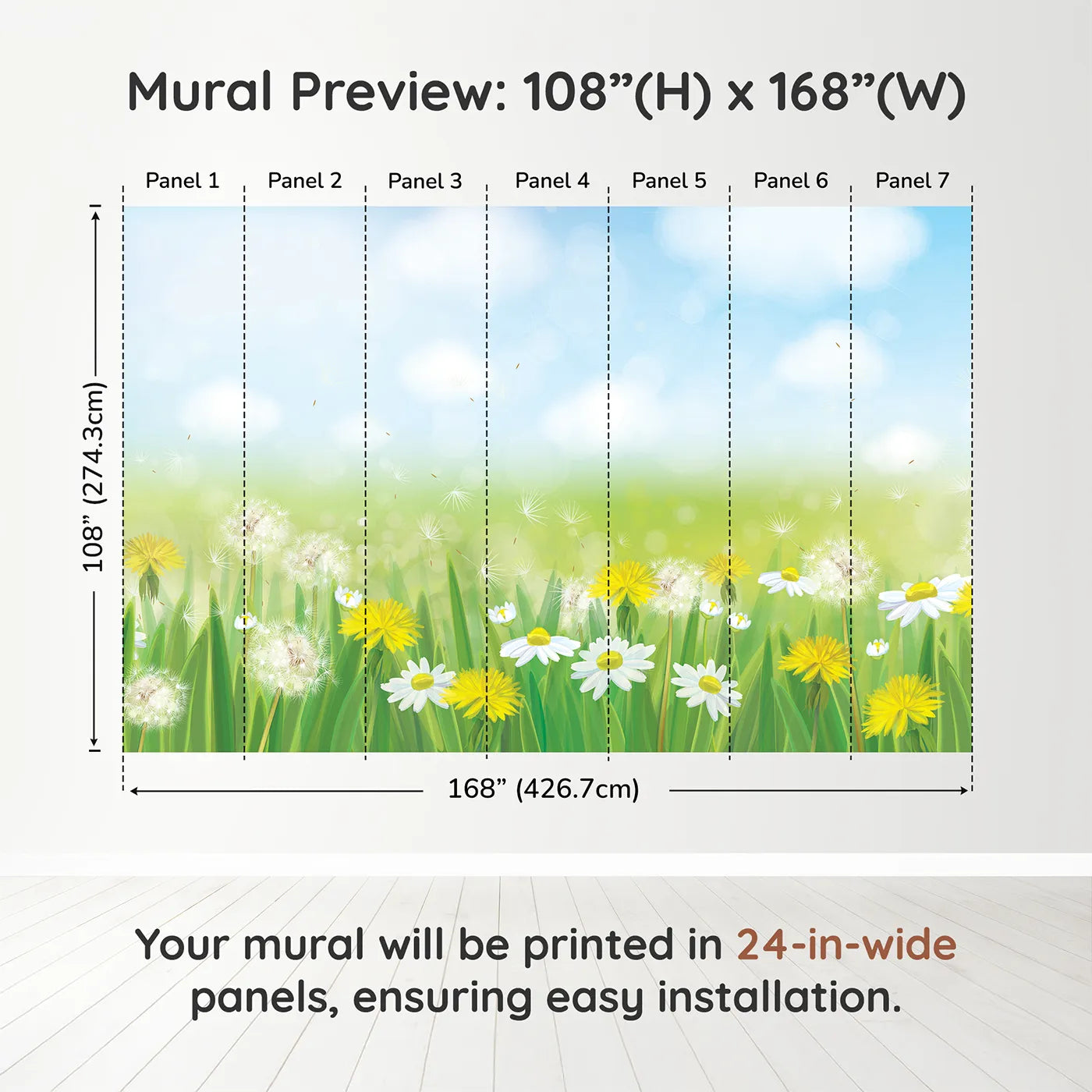 Whimsy Tots Dandelion Meadow Wall Mural in Summerdimension view (108" H x 168" W). Printed in seven 24-inch-wide panels. Gender-Neutral