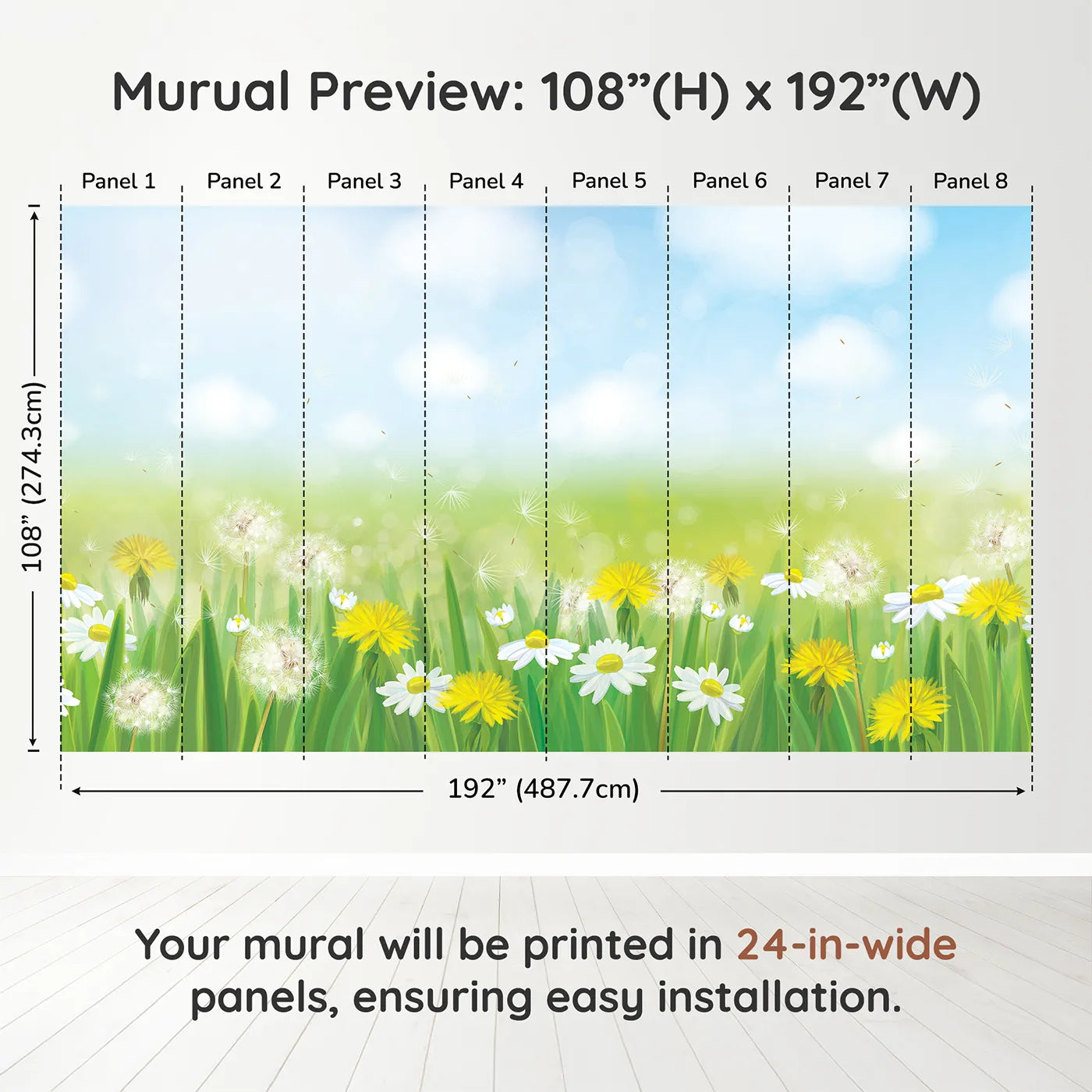 Whimsy Tots Dandelion Meadow Wall Mural in Summerdimension view (108" H x 192" W). Printed in eight 24-inch-wide panels. Gender-Neutral