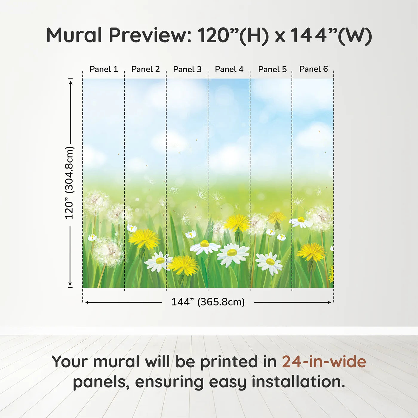 Whimsy Tots Dandelion Meadow Wall Mural in Summerdimension view (120" H x 144" W). Printed in six 24-inch-wide panels. Gender-Neutral