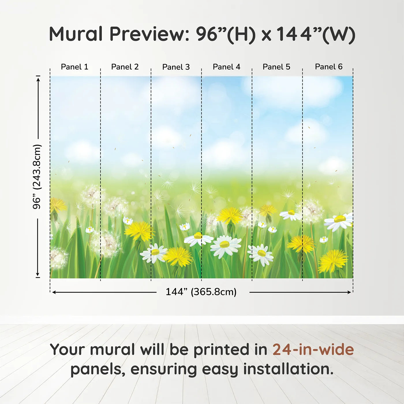 Whimsy Tots Dandelion Meadow Wall Mural in Summerdimension view (96" H x 144" W). Printed in six 24-inch-wide panels. Gender-Neutral