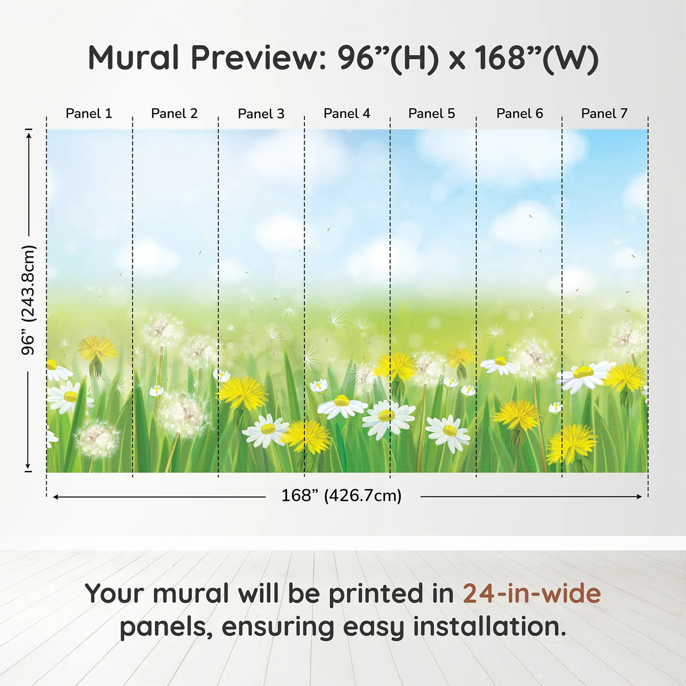 Whimsy Tots Dandelion Meadow Wall Mural in Summerdimension view (96" H x 168" W). Printed in seven 24-inch-wide panels. Gender-Neutral