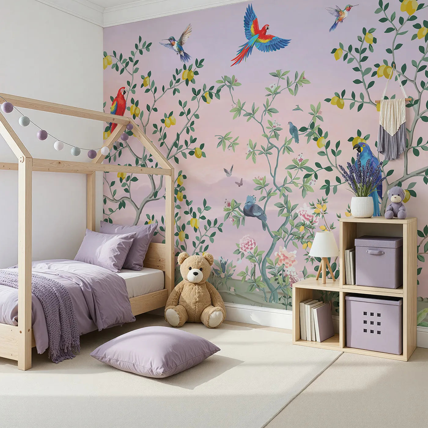 Angled view of Whimsy Tots' Parrot and Lemon Tree Garden Wall Mural (Turn Their Room into an Elegant, Hand-Painted Paradise).Gender-Neutral