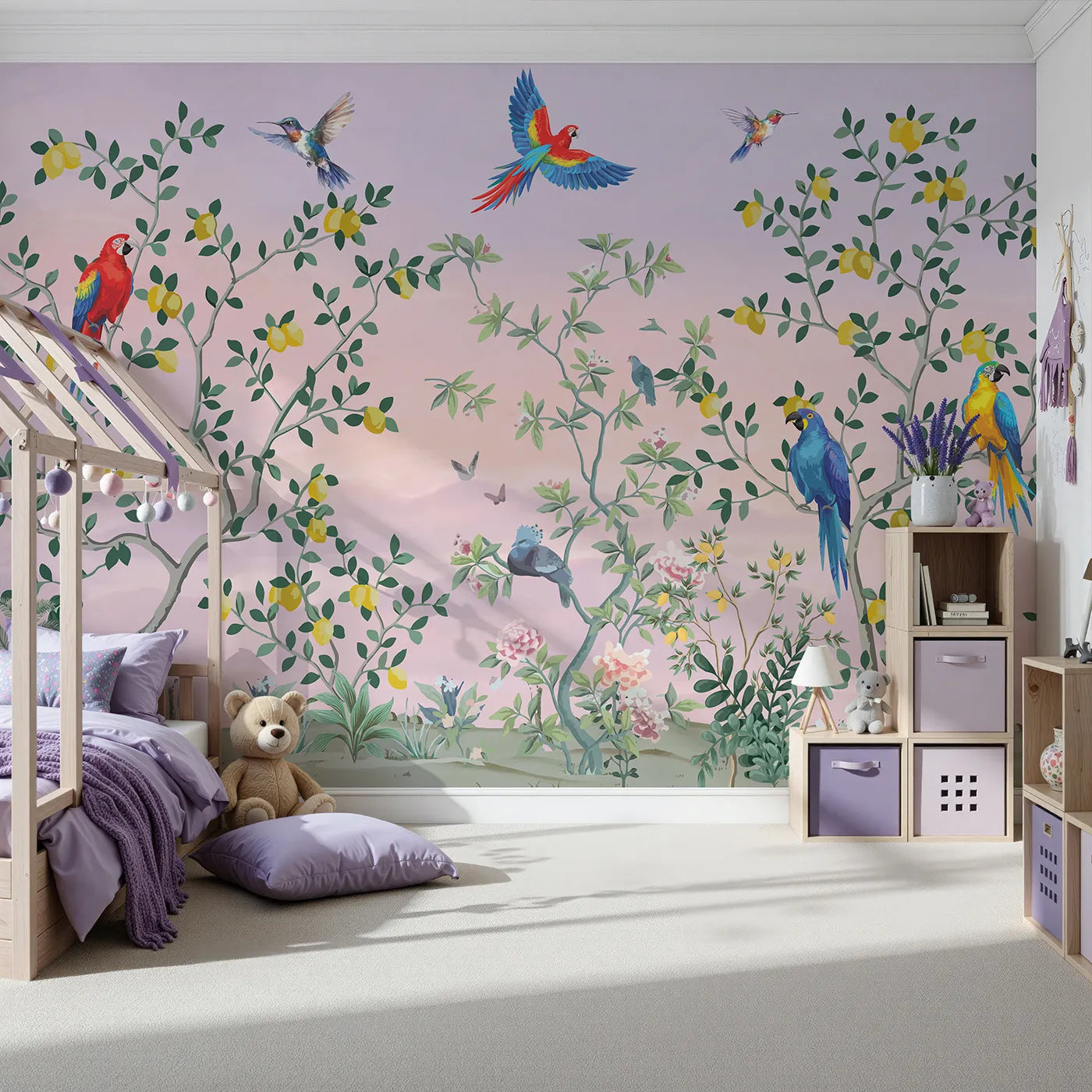 Front view of Whimsy Tots' Parrot and Lemon Tree Garden Wall Mural