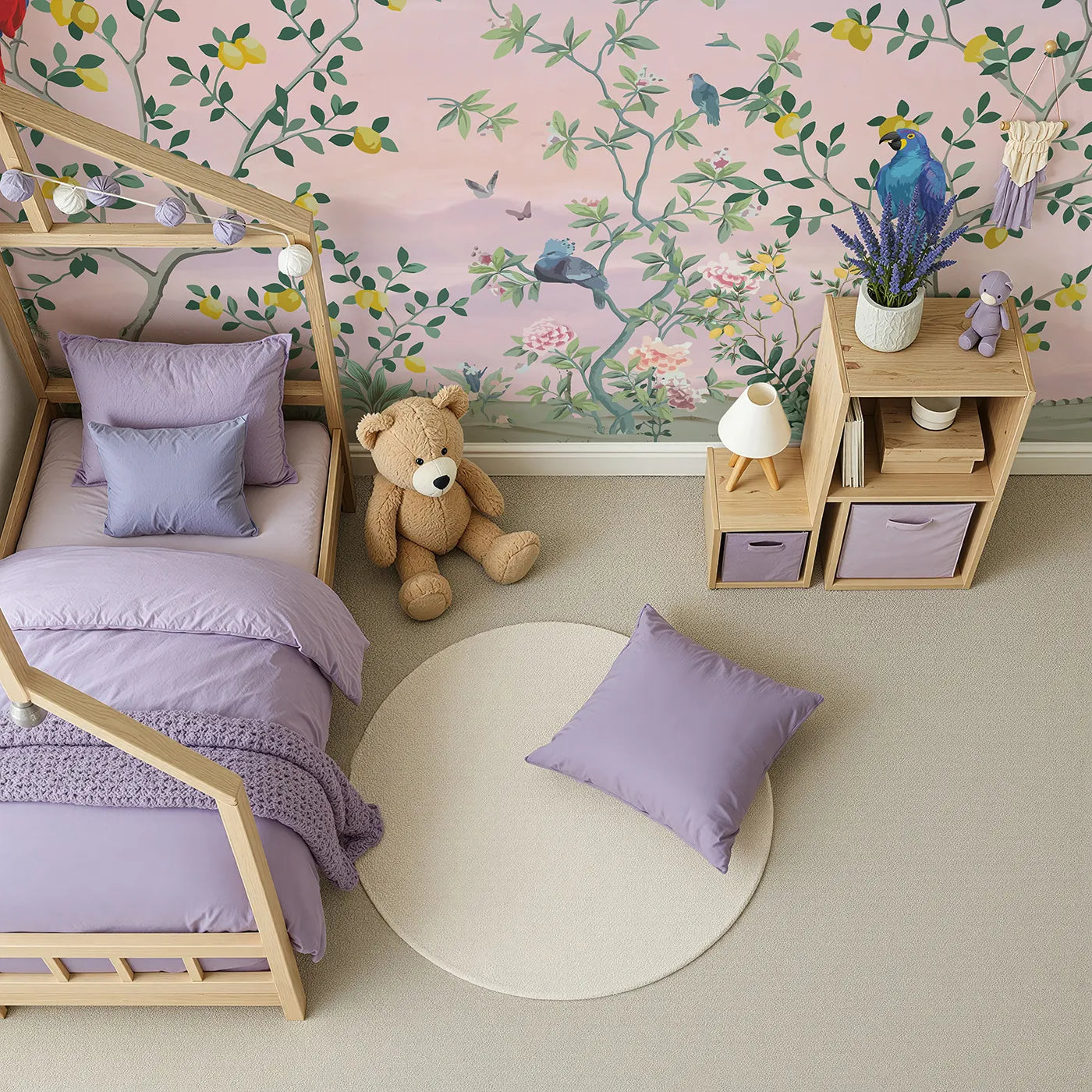 Top-down view of Whimsy Tots' Parrot and Lemon Tree Garden Wall Mural (Turn Their Room into an Elegant, Hand-Painted Paradise).Gender-Neutral