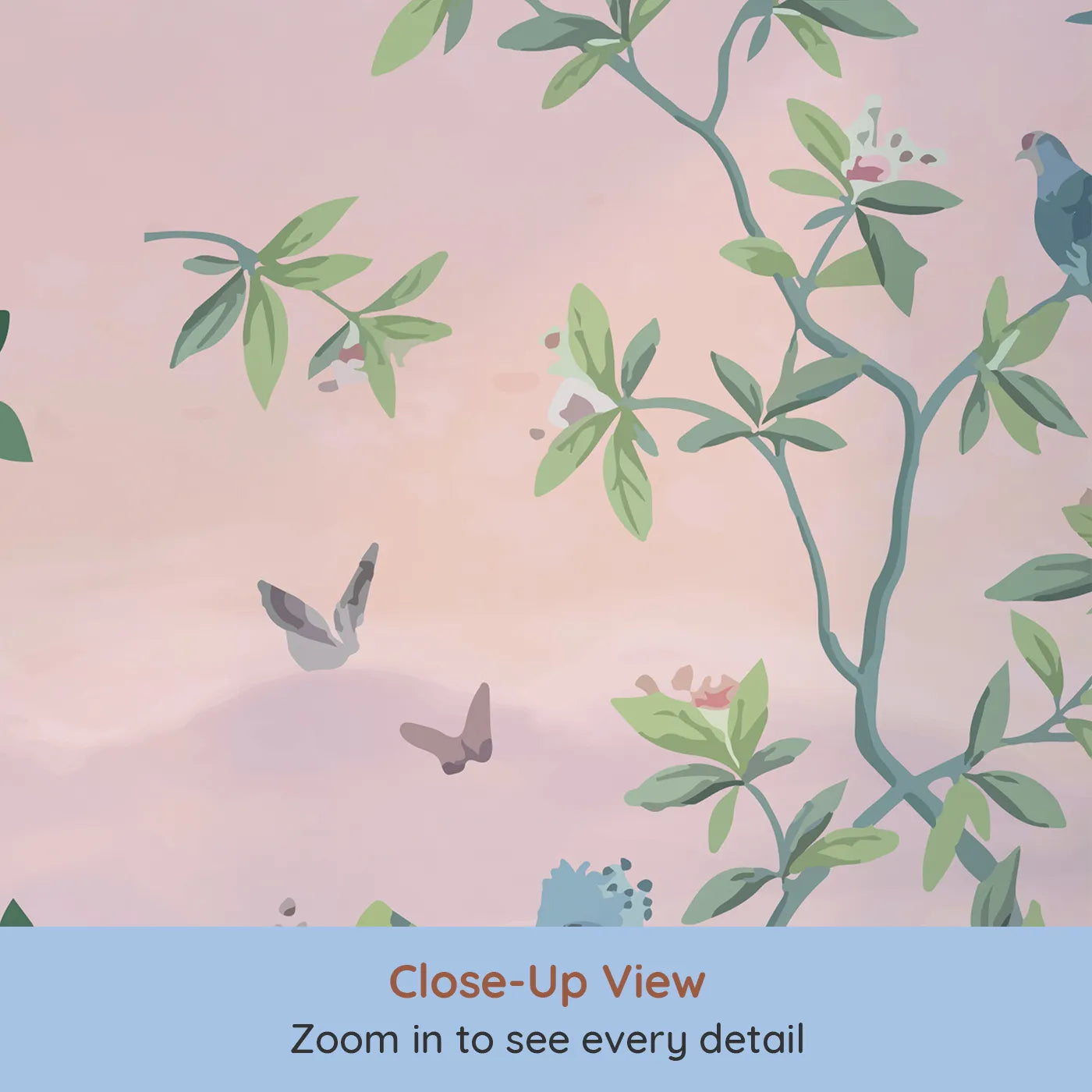 Close-up view of Whimsy Tots' Parrot and Lemon Tree Garden Wall Mural (Turn Their Room into an Elegant, Hand-Painted Paradise).Gender-Neutral