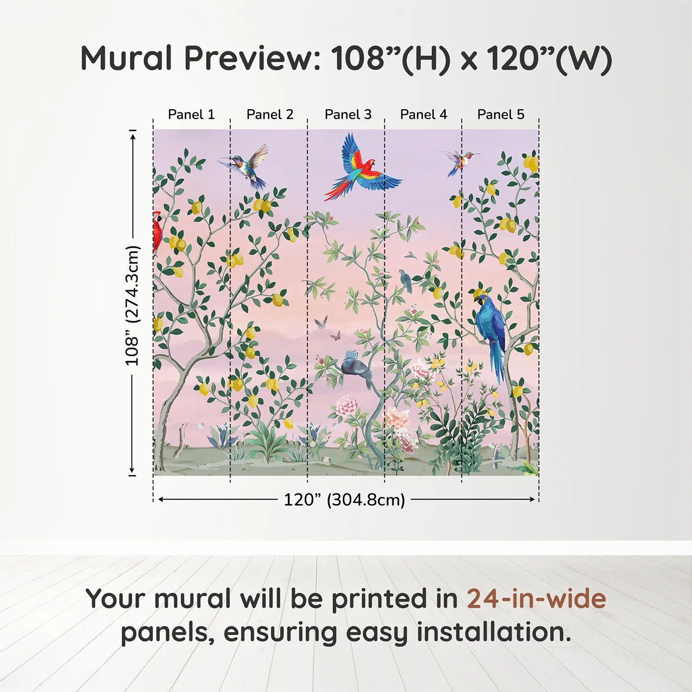 Whimsy Tots Parrot and Lemon Tree Garden Wall Muraldimension view (108" H x 120" W). Printed in five 24-inch-wide panels. Gender-Neutral