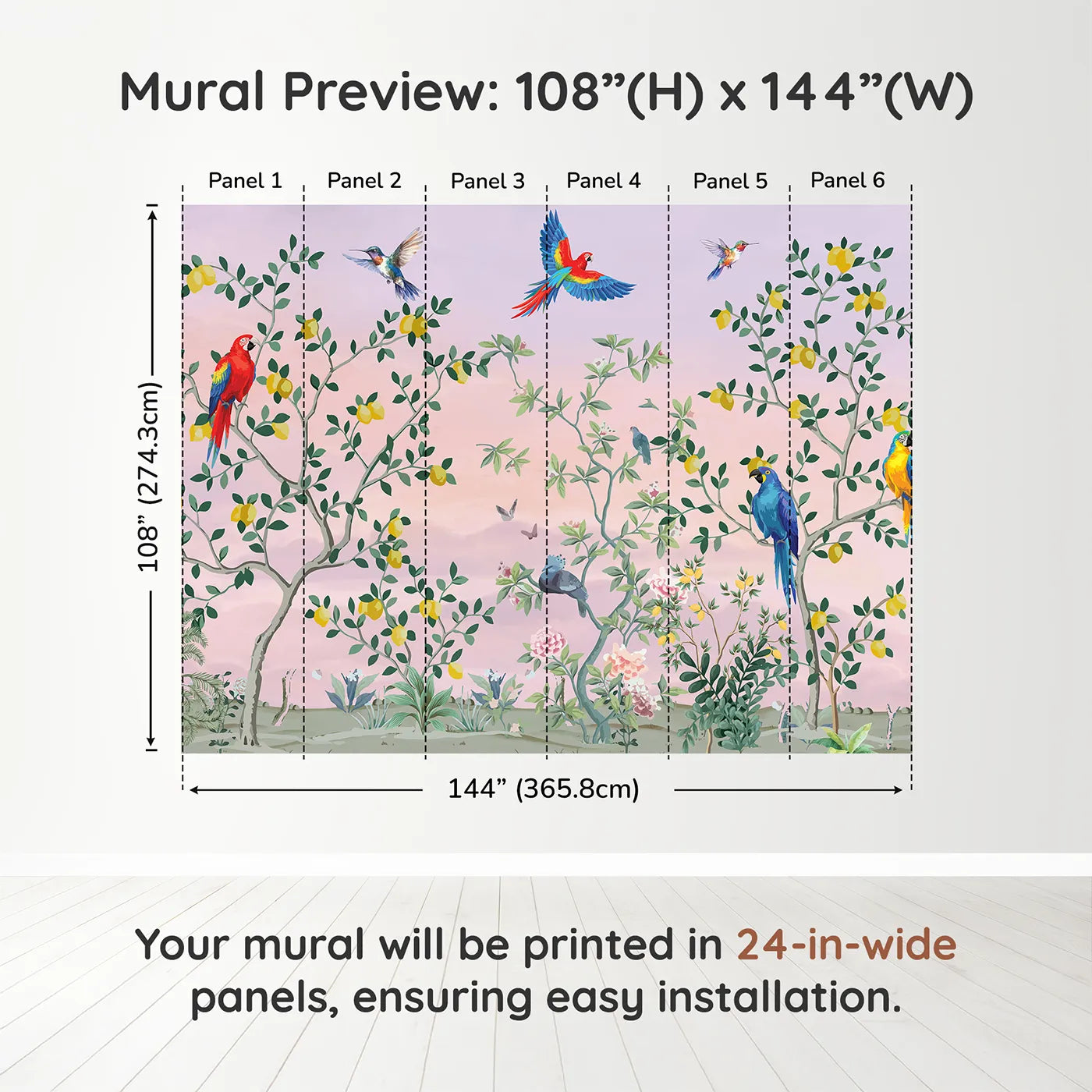Whimsy Tots Parrot and Lemon Tree Garden Wall Muraldimension view (108" H x 144" W). Printed in six 24-inch-wide panels. Gender-Neutral