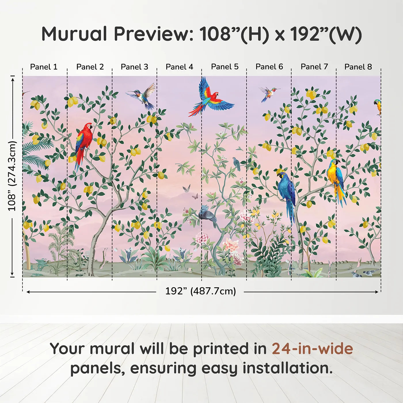 Whimsy Tots Parrot and Lemon Tree Garden Wall Muraldimension view (108" H x 192" W). Printed in eight 24-inch-wide panels. Gender-Neutral