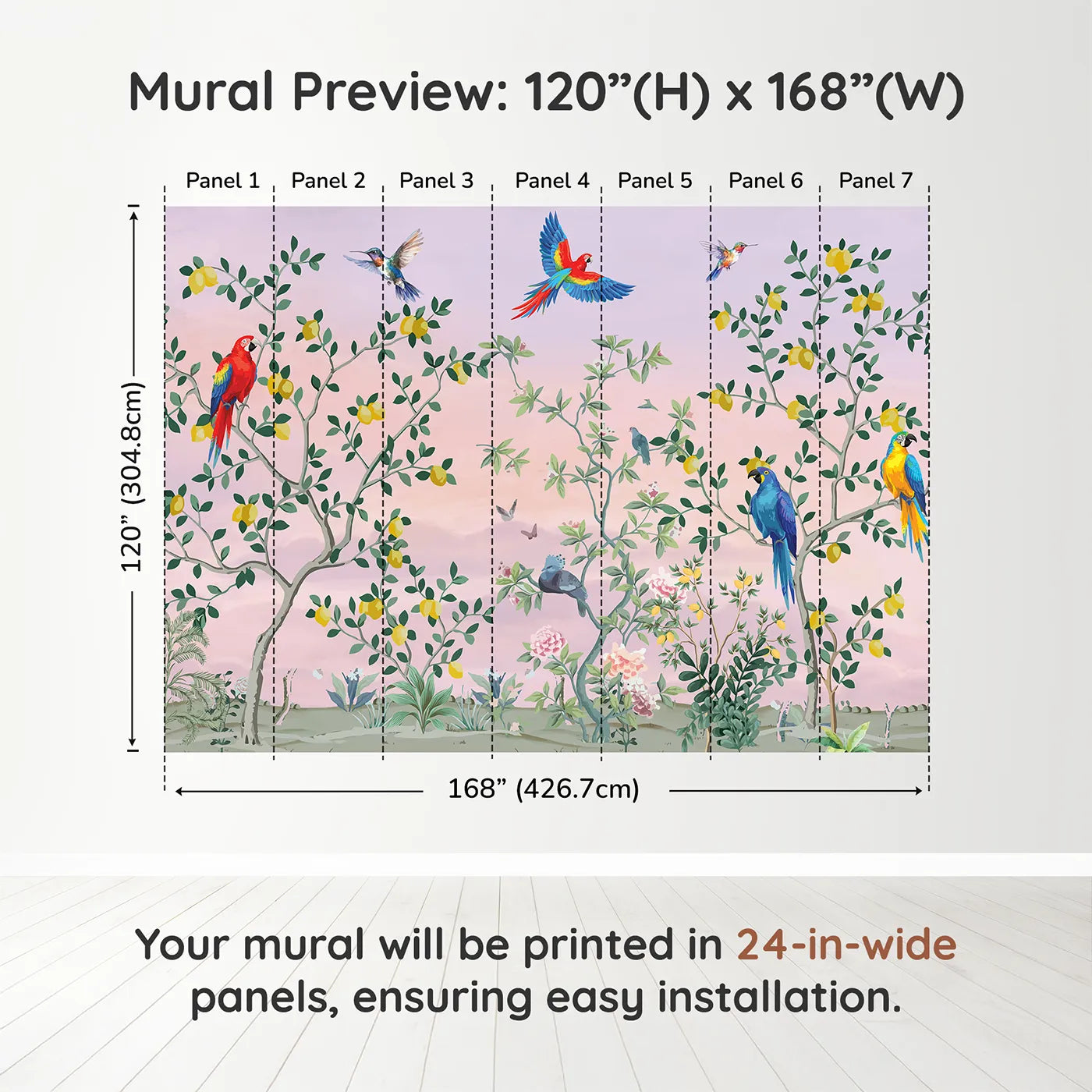 Whimsy Tots Parrot and Lemon Tree Garden Wall Muraldimension view (120" H x 168" W). Printed in seven 24-inch-wide panels. Gender-Neutral