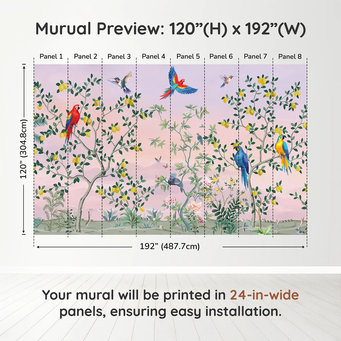 Whimsy Tots Parrot and Lemon Tree Garden Wall Muraldimension view (120" H x 192" W). Printed in eight 24-inch-wide panels. Gender-Neutral