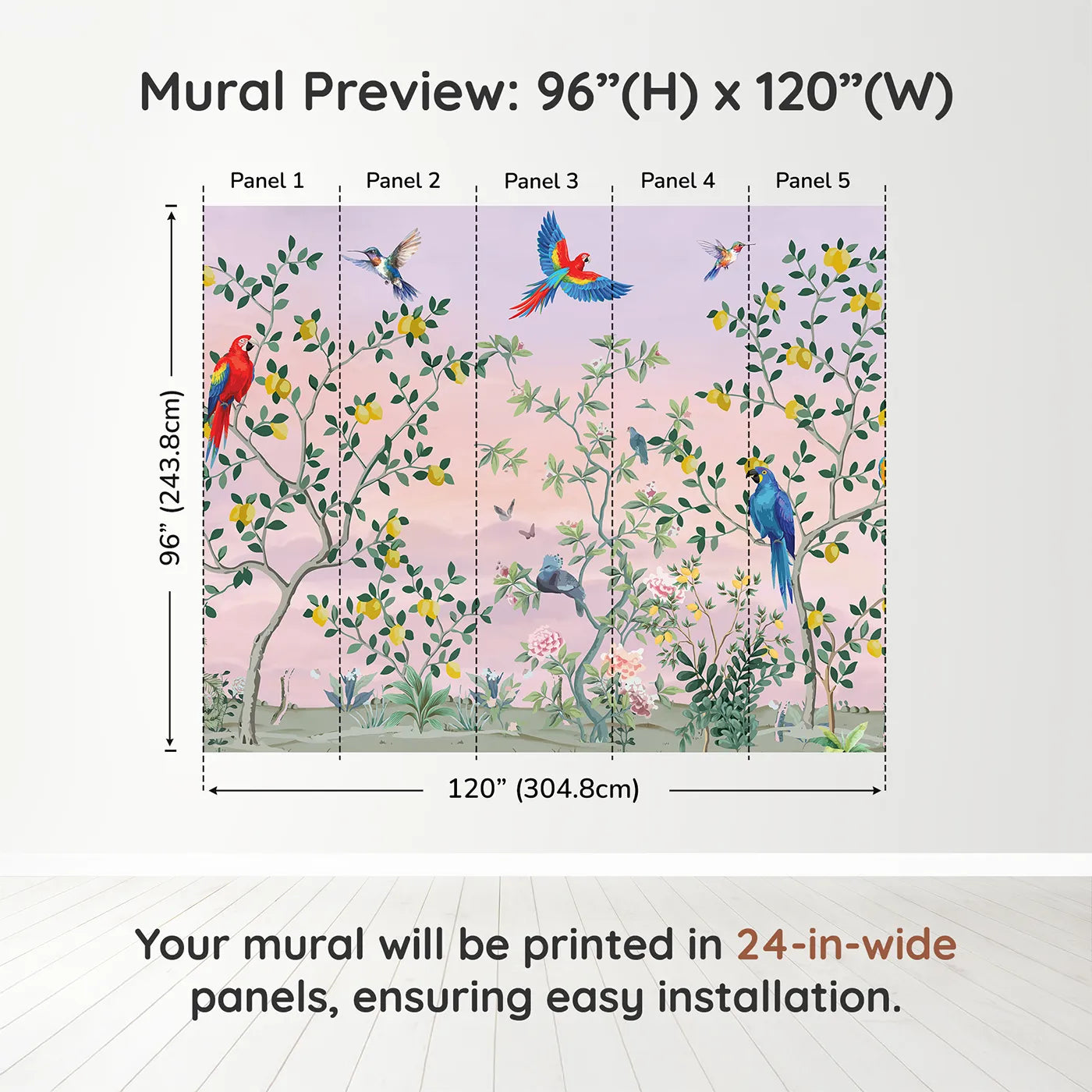 Whimsy Tots Parrot and Lemon Tree Garden Wall Muraldimension view (96" H x 120" W). Printed in five 24-inch-wide panels. Gender-Neutral