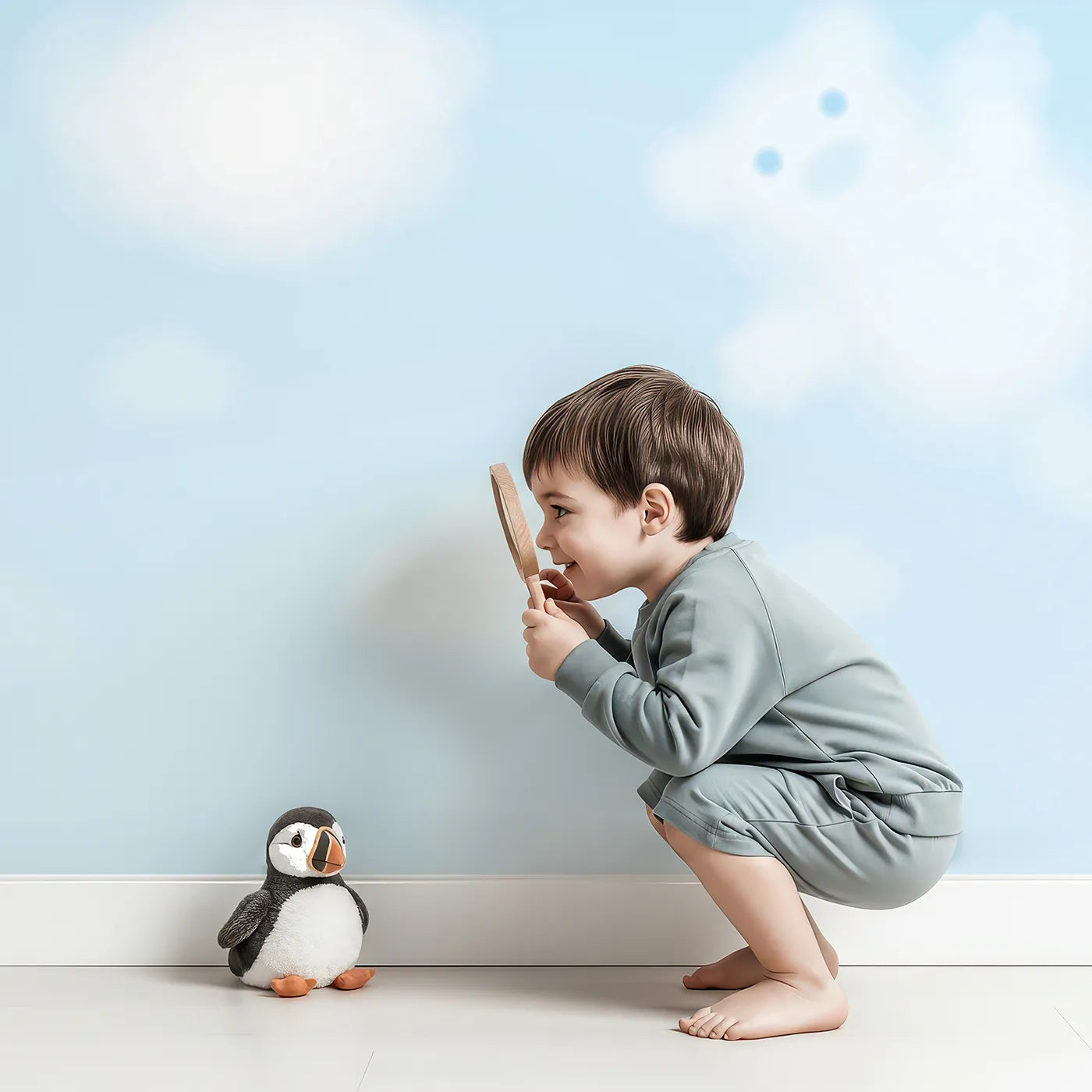 Child in front of Whimsy Tots Animal Cloud Gazing Wall Mural with cloud, sky, animal, shape, blue, cute, minimalist, whimsical in design.