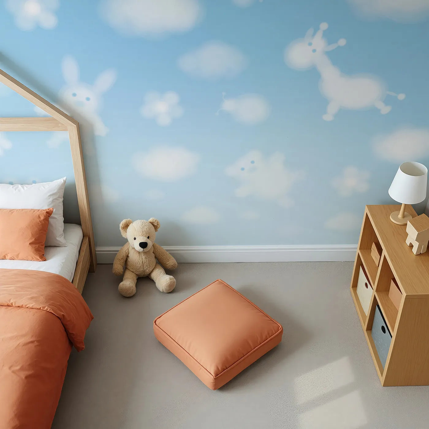 Top-down view of Whimsy Tots' Animal Cloud Gazing Wall Mural (Turn Their Room into a Sky of Gentle, Dreamy Shapes).Gender-Neutral