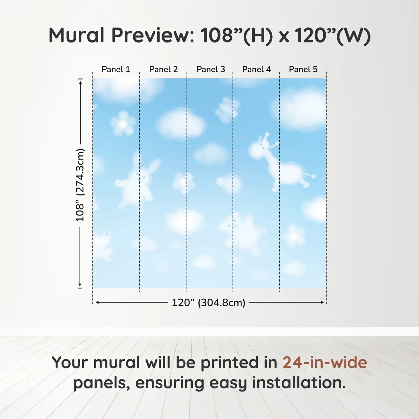 Whimsy Tots Animal Cloud Gazing Wall Muraldimension view (108" H x 120" W). Printed in five 24-inch-wide panels. Gender-Neutral