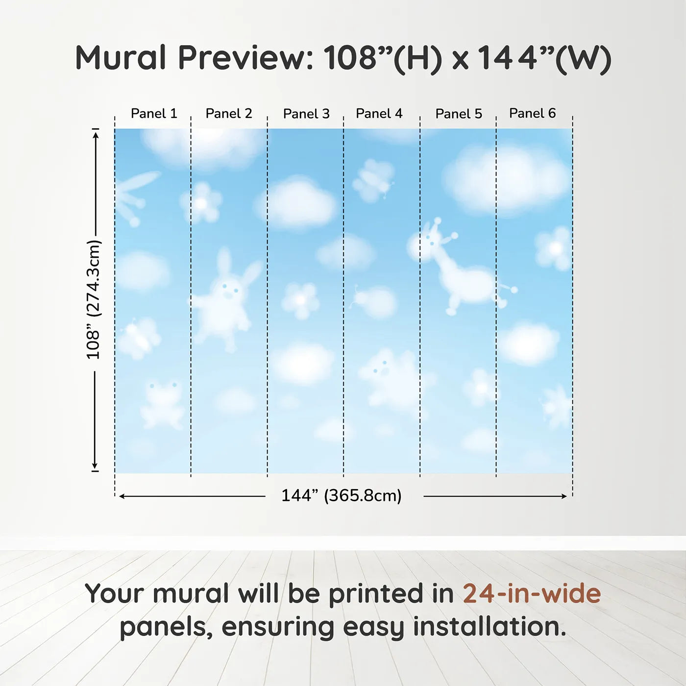 Whimsy Tots Animal Cloud Gazing Wall Muraldimension view (108" H x 144" W). Printed in six 24-inch-wide panels. Gender-Neutral
