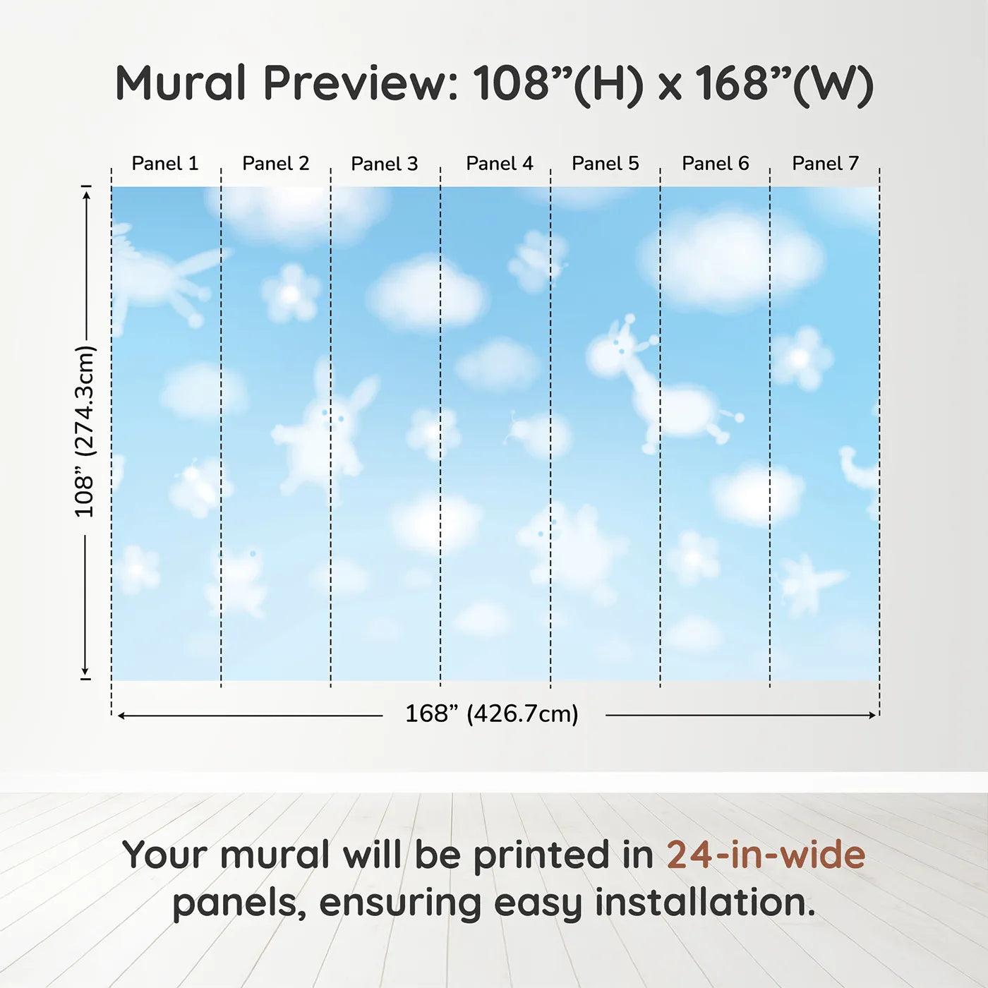 Whimsy Tots Animal Cloud Gazing Wall Muraldimension view (108" H x 168" W). Printed in seven 24-inch-wide panels. Gender-Neutral