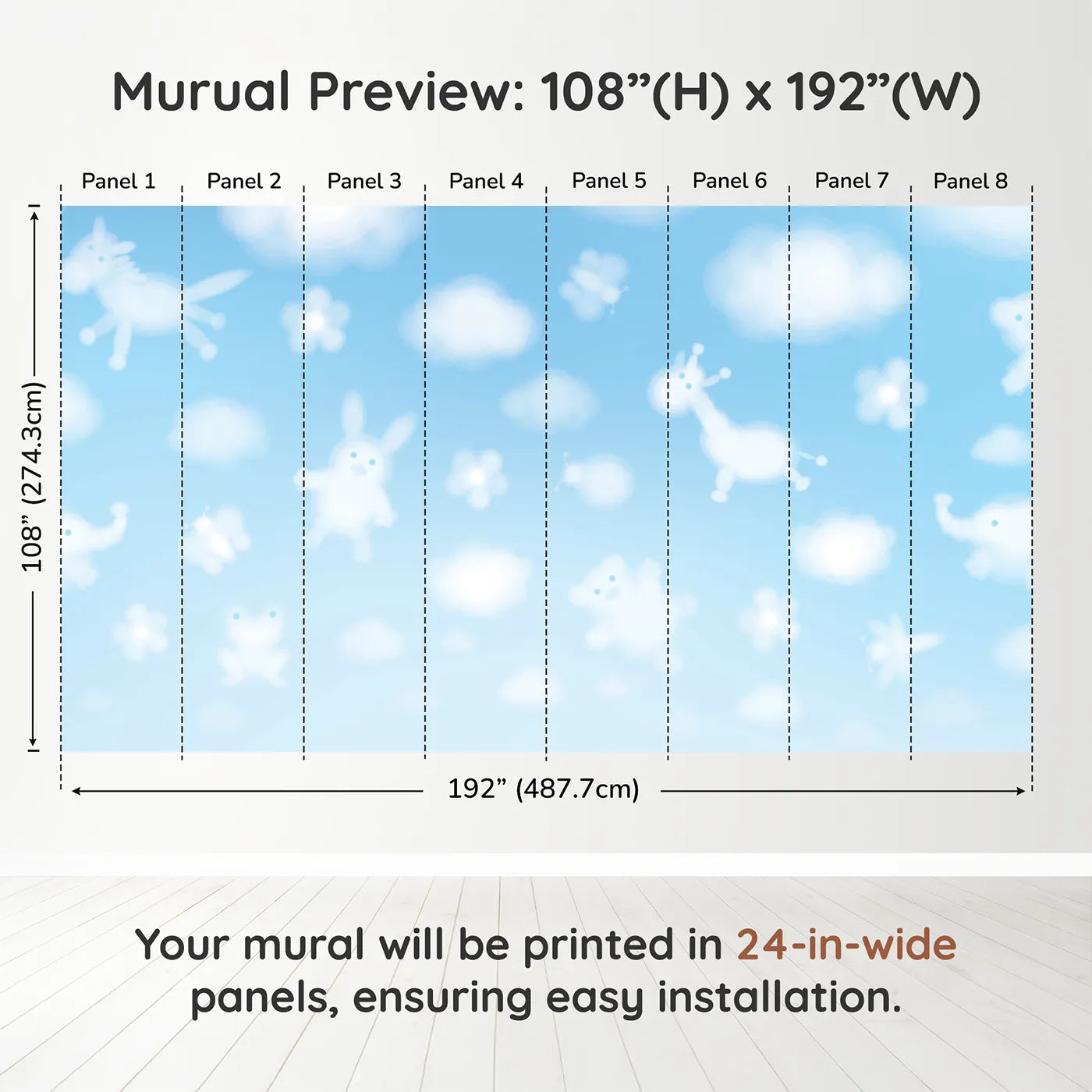 Whimsy Tots Animal Cloud Gazing Wall Muraldimension view (108" H x 192" W). Printed in eight 24-inch-wide panels. Gender-Neutral