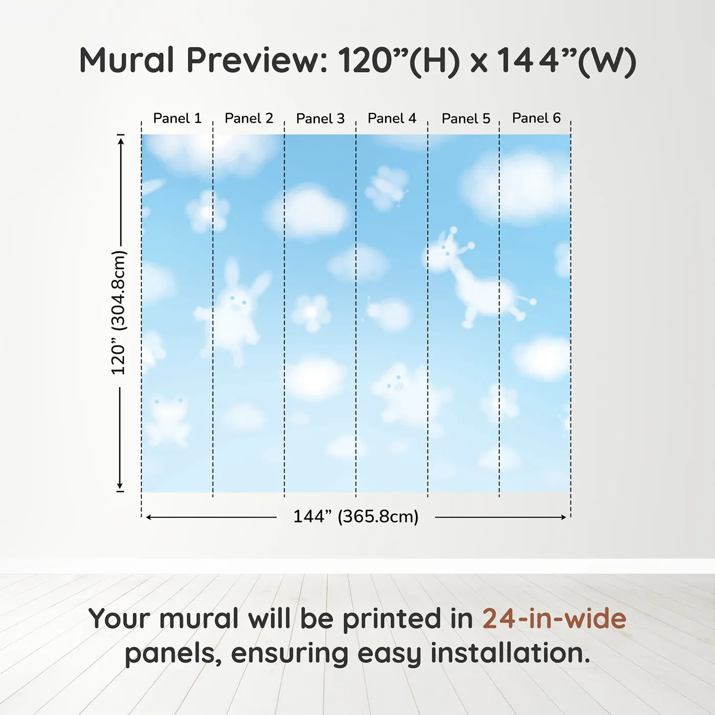 Whimsy Tots Animal Cloud Gazing Wall Muraldimension view (120" H x 144" W). Printed in six 24-inch-wide panels. Gender-Neutral